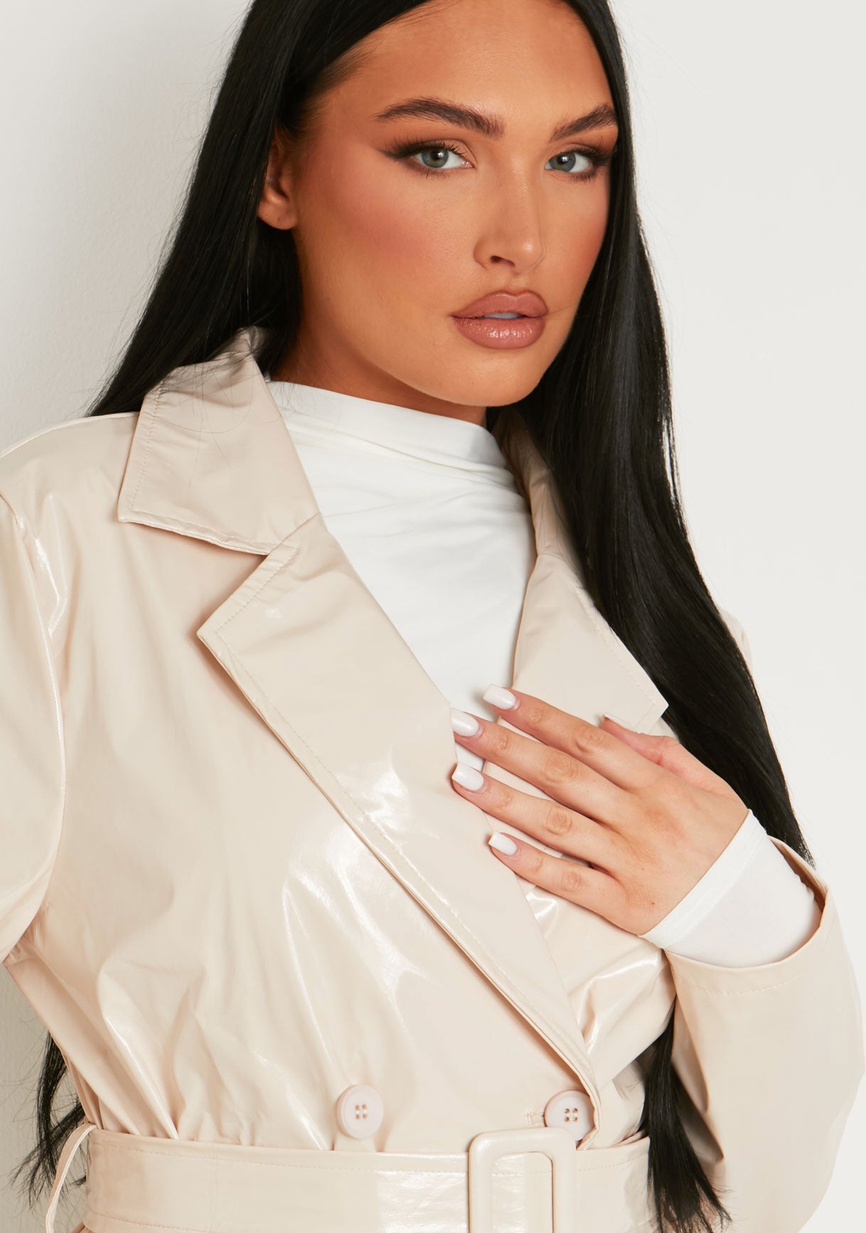 Malin Stone Vinyl Faux Leather Belted Button Through Trench Coat