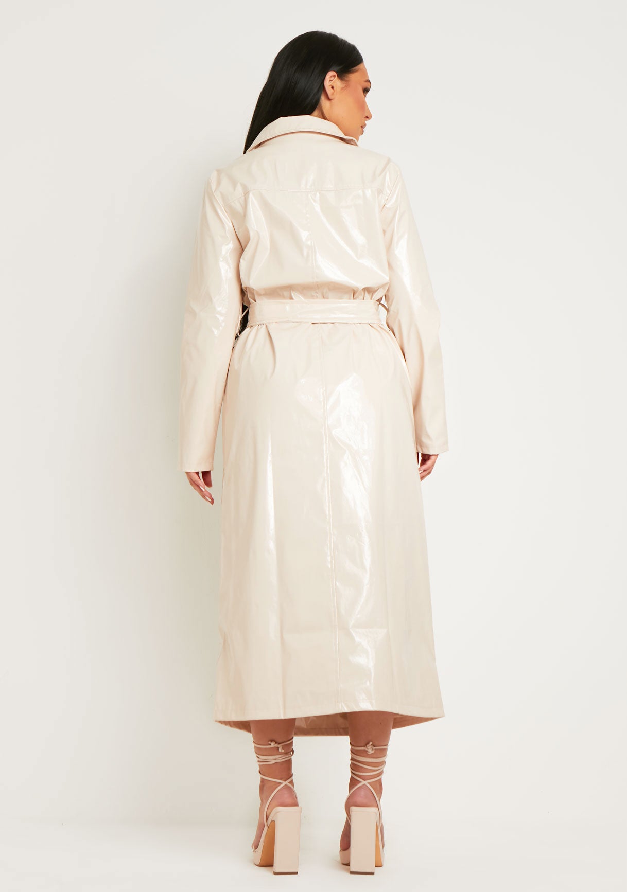 Malin Stone Vinyl Faux Leather Belted Button Through Trench Coat