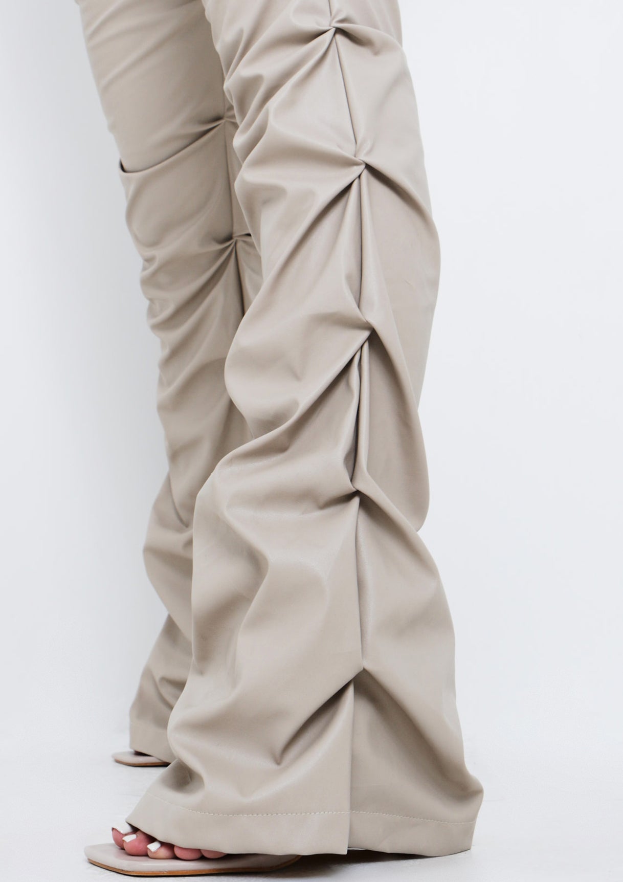 Darelle Beige High Waisted Ruched PU Trousers