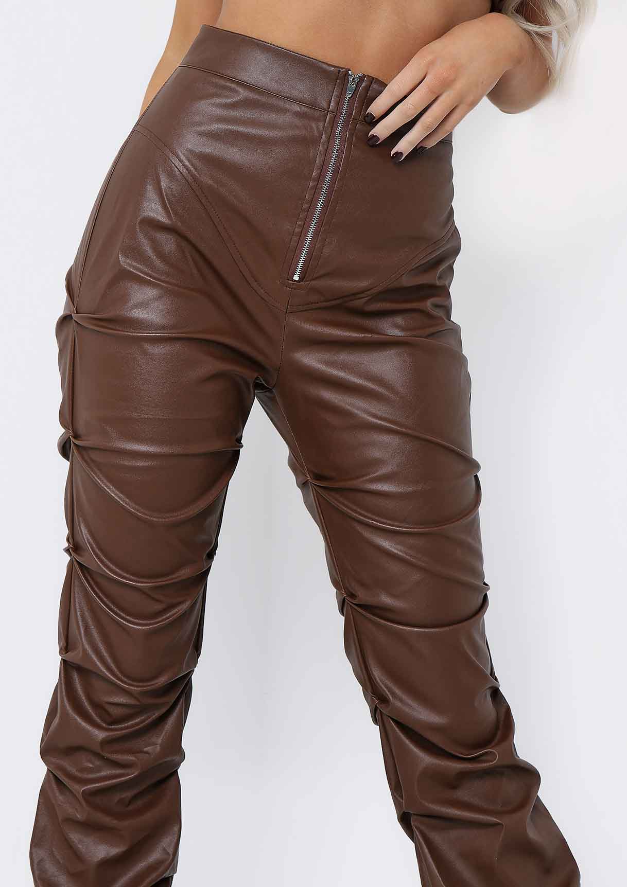 Darelle Chocolate High Waisted Ruched PU Trousers