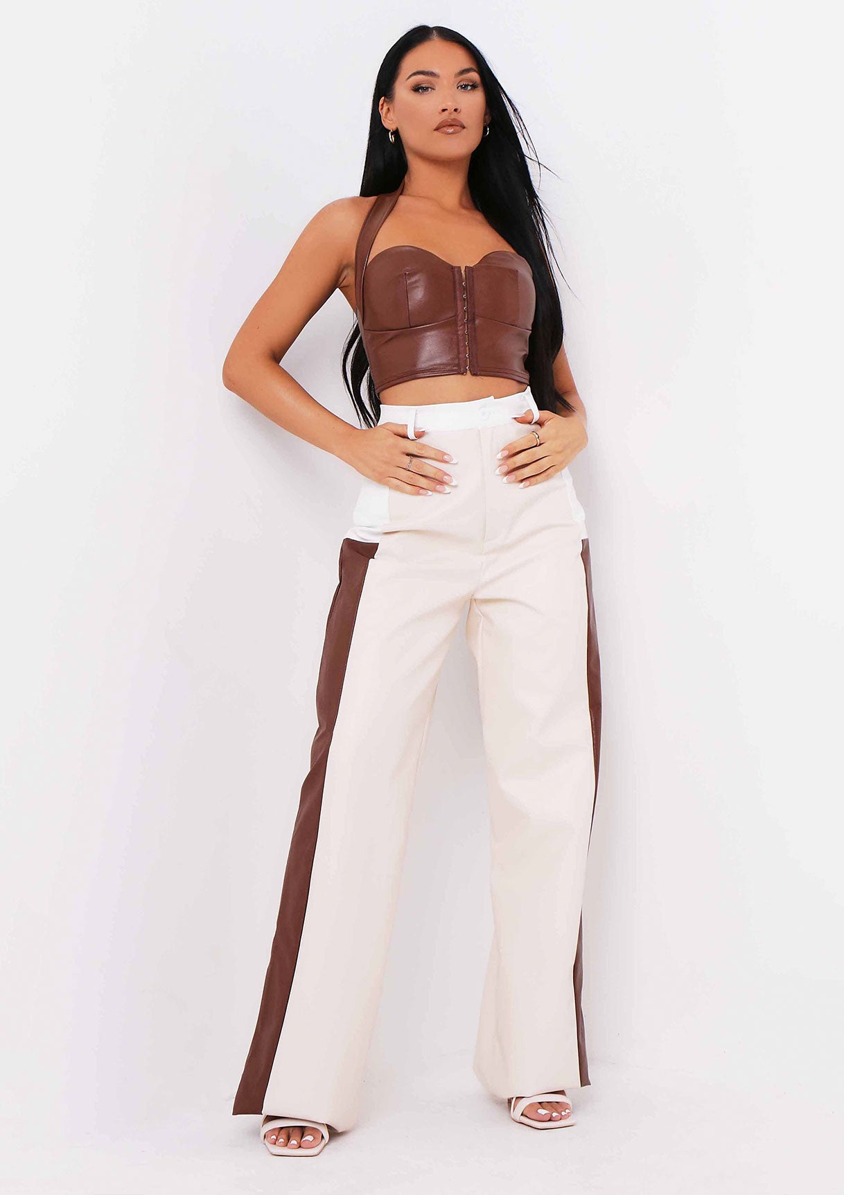 Madison Chocolate PU Halterneck Crop Top