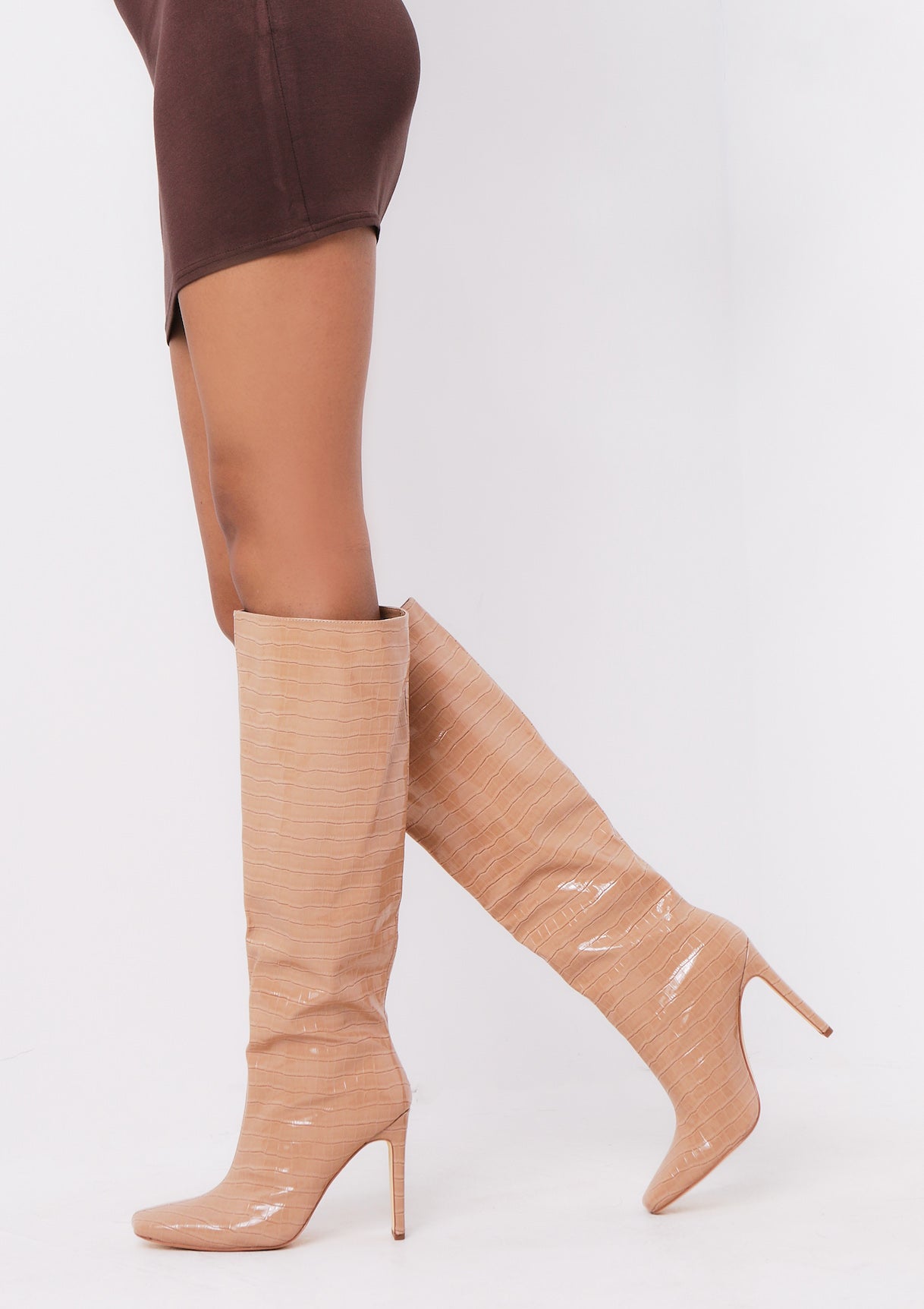 Kendall Beige Croc Knee High Boots