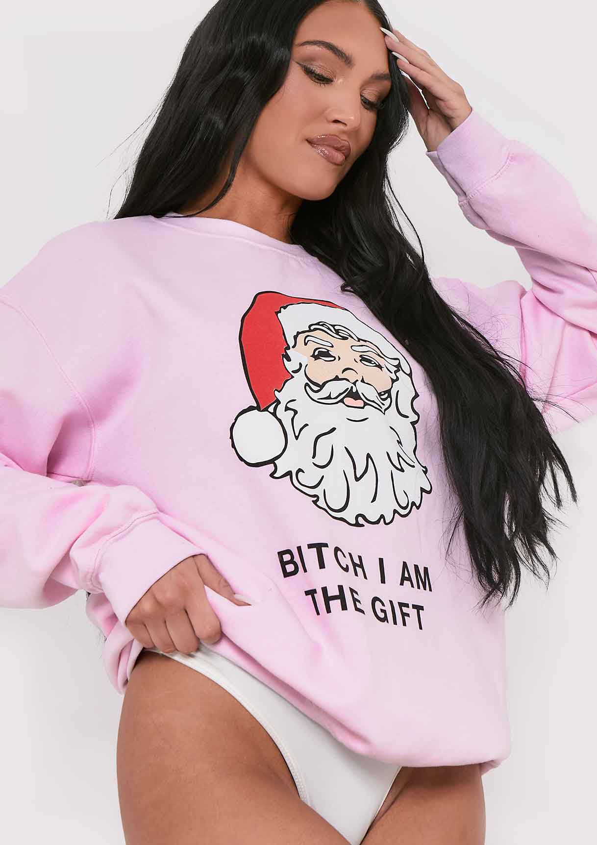 Lora Pink 'Bitch I Am The Gift' Santa Slogan Sweatshirt