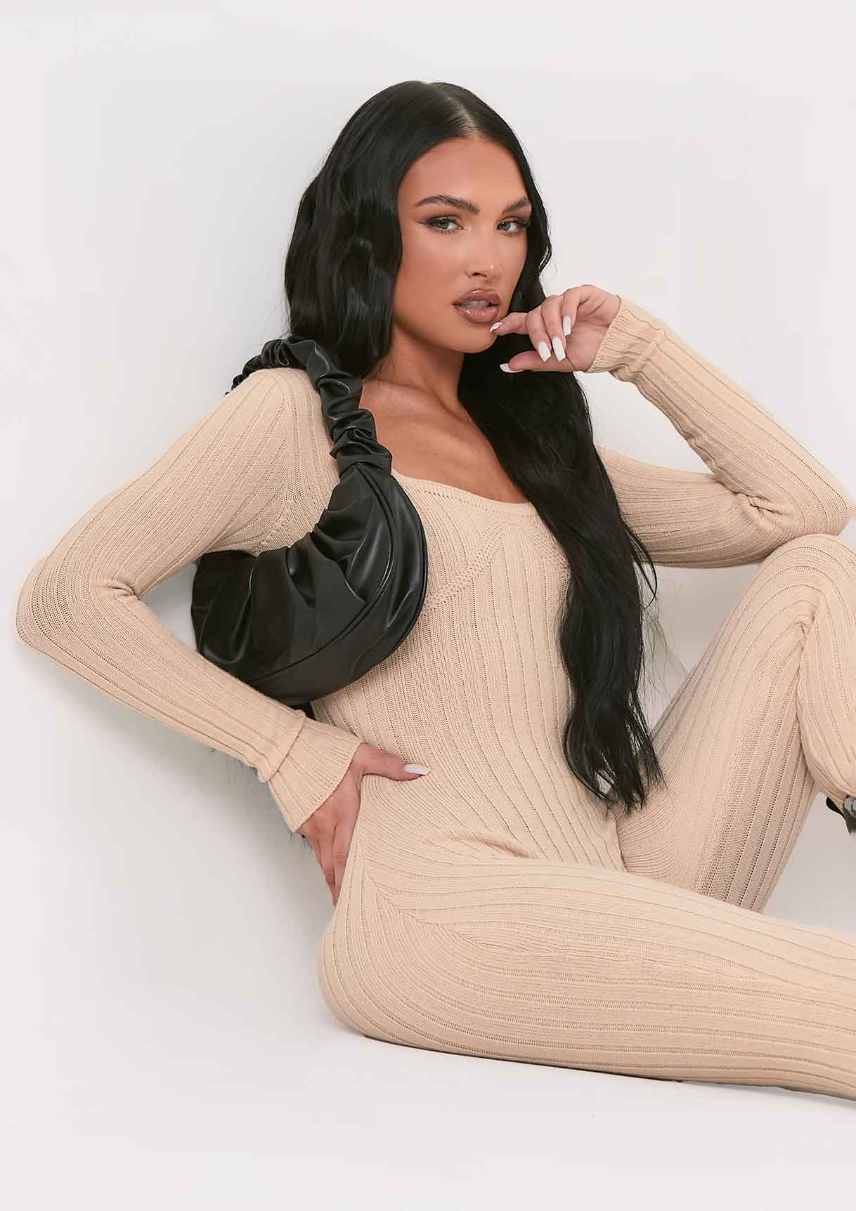 Evie Beige Knitted Long Sleeve Ribbed Jumpsuit