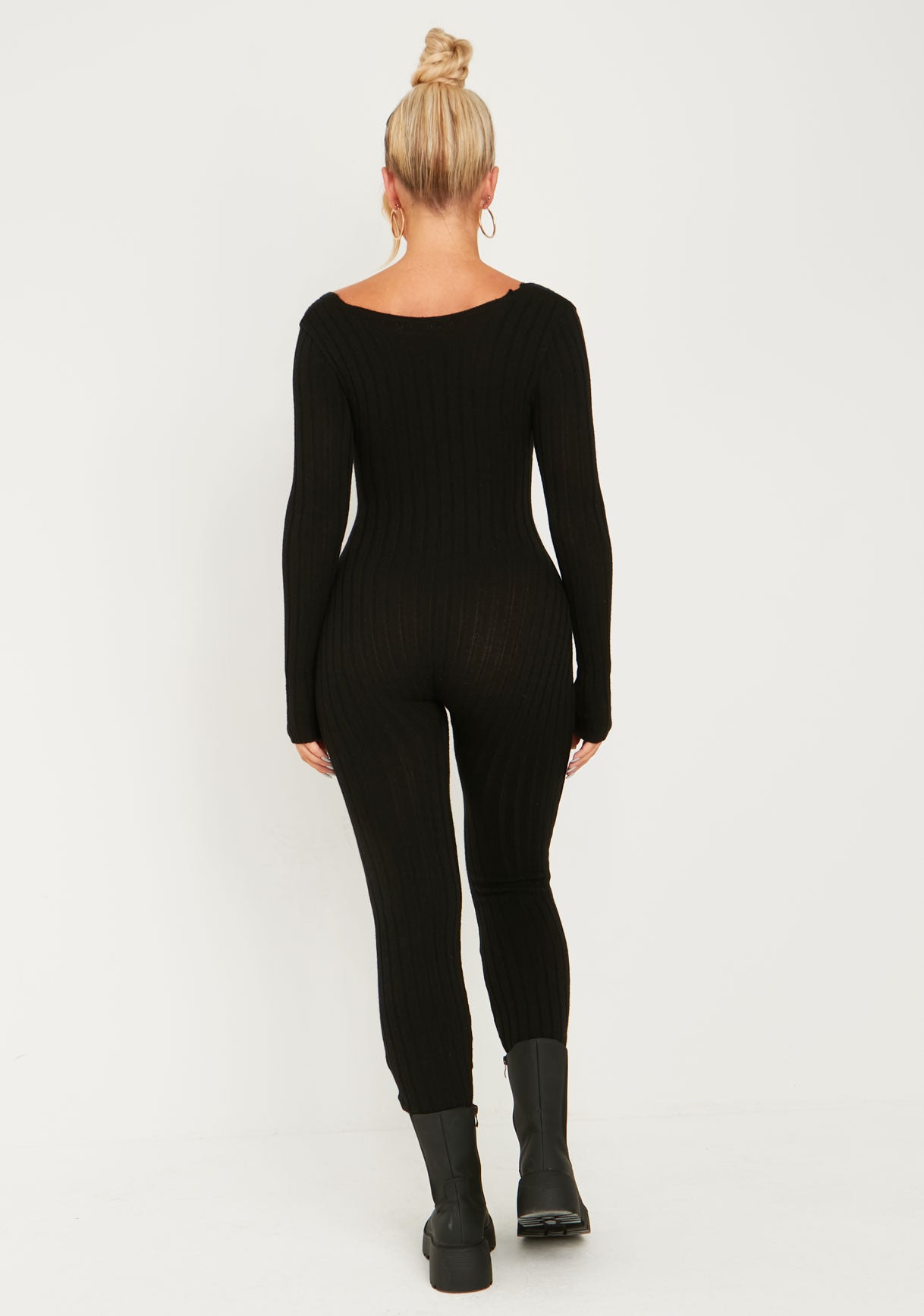 Evie Black Knitted Long Sleeve Ribbed Jumpsuit