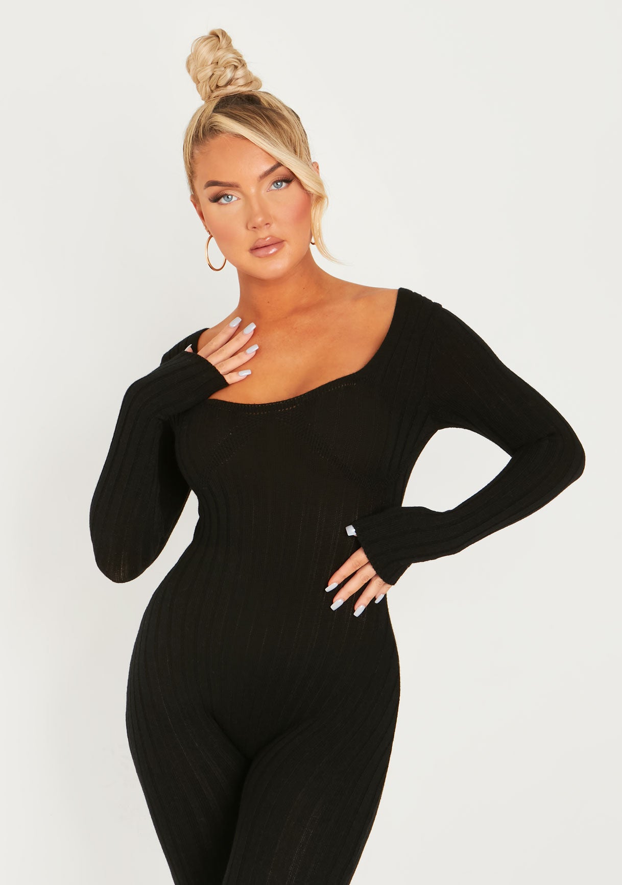 Evie Black Knitted Long Sleeve Ribbed Jumpsuit