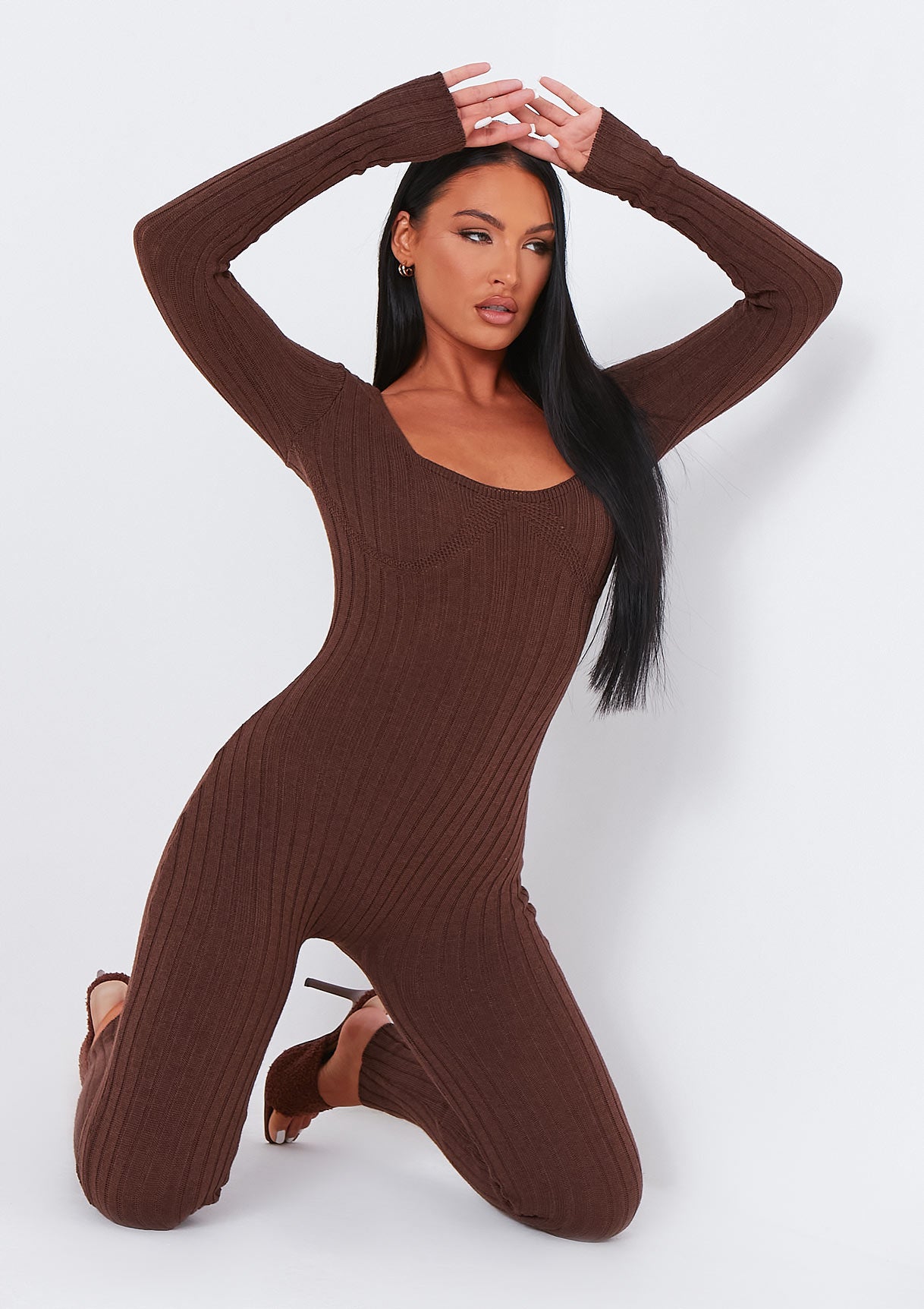 Evie Chocolate Knitted Long Sleeve Ribbed Jumpsuit