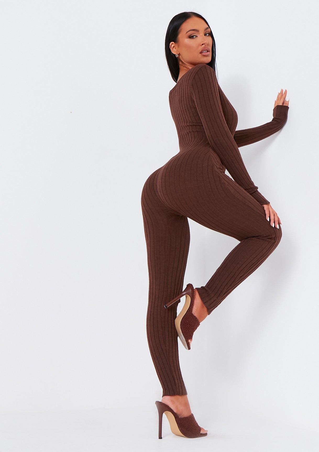 Evie Chocolate Knitted Long Sleeve Ribbed Jumpsuit