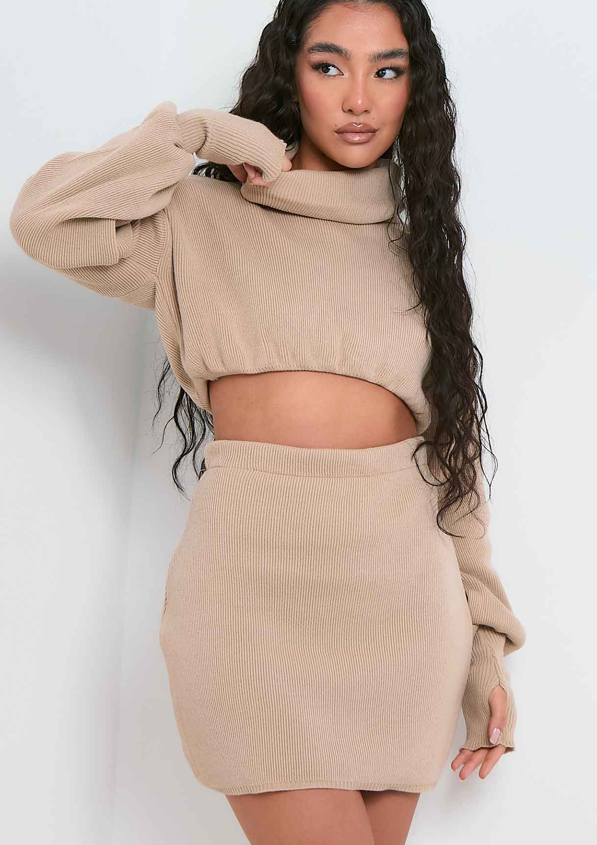 Brylee Beige Cropped Knitted Jumper Co-ord