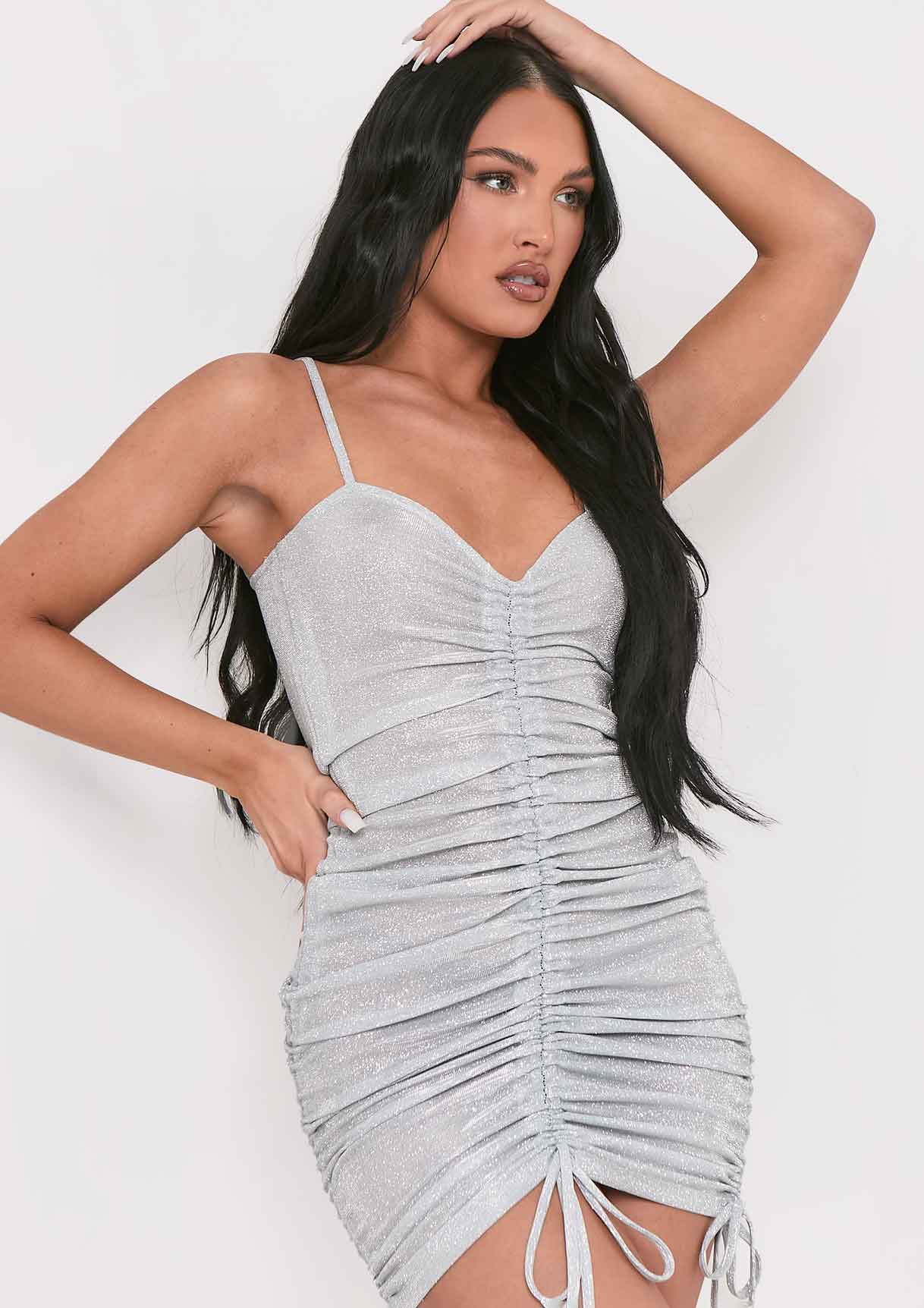 Kalia Silver Glitter Ruched Mini Dress