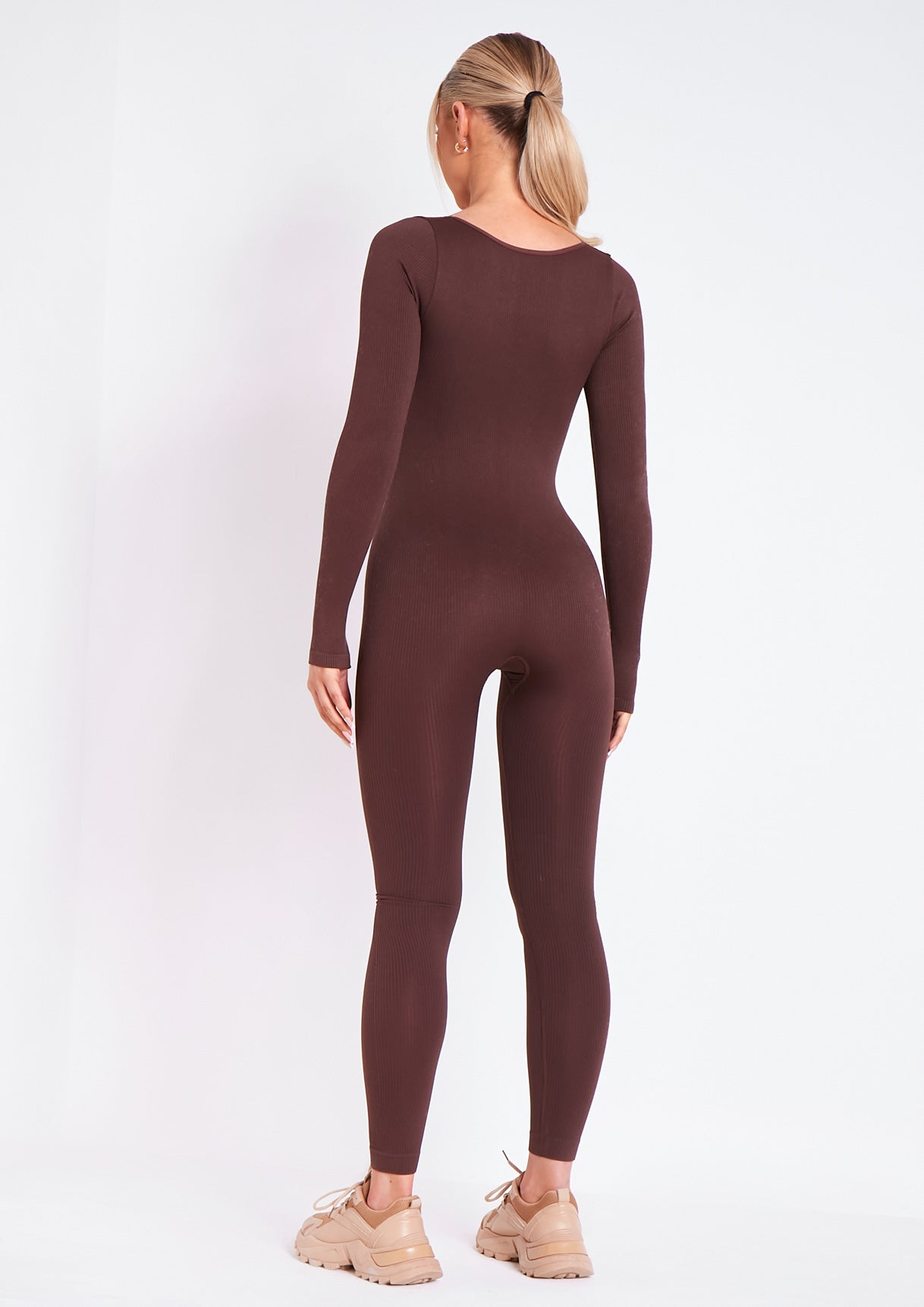 Eli Chocolate Plunge Ribbed Seamless Long Sleeve Jumpsuit