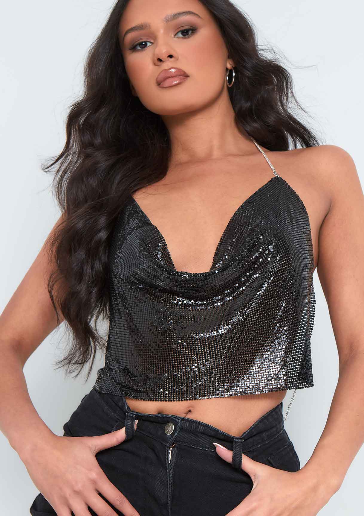 Macie Black Chain Mail Crop Top