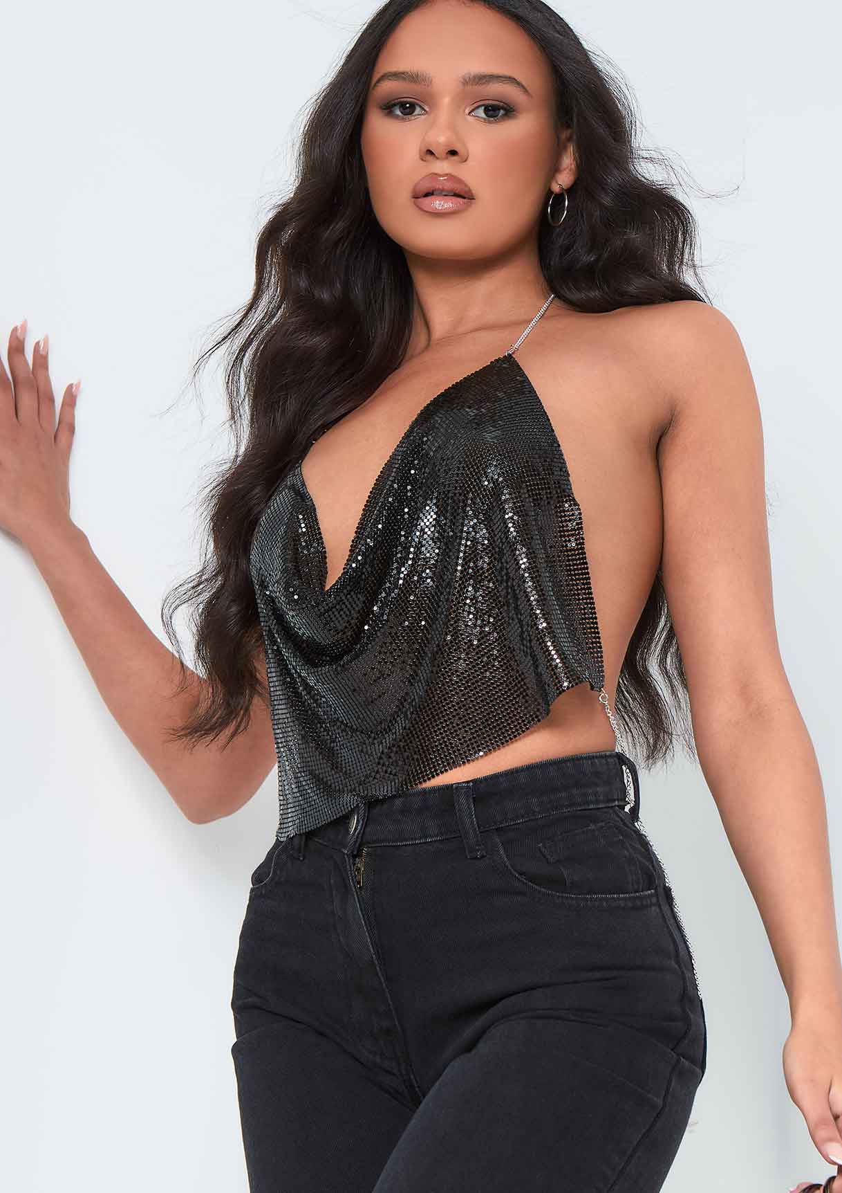 Macie Black Chain Mail Crop Top