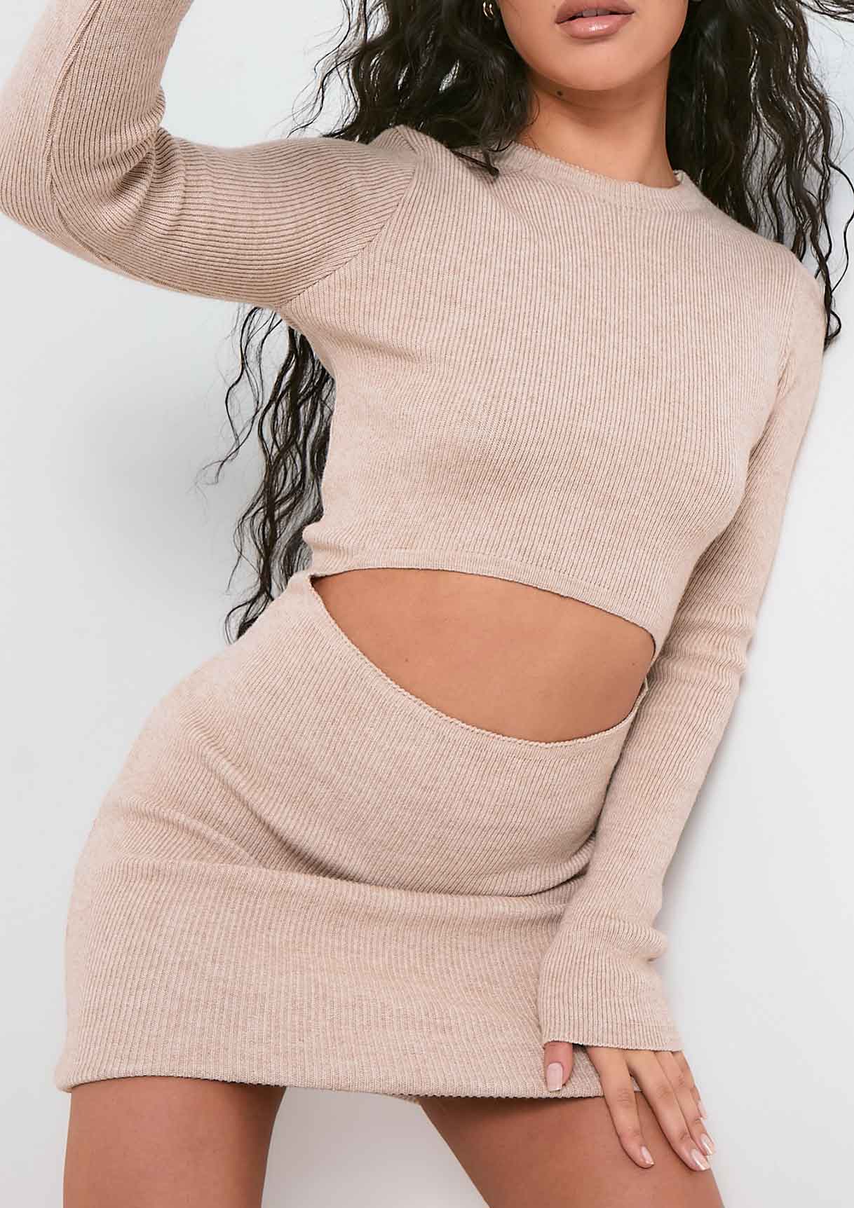 Marina Beige Knitted Cut Out Long Sleeve Mini Dress