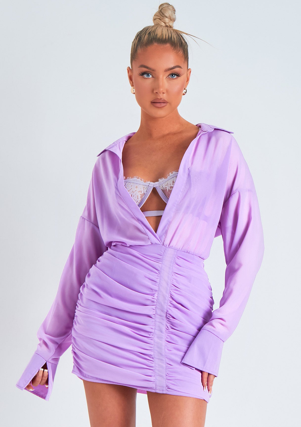 Kirsty Lilac Long Sleeve Plunge Front Ruched Skirt Mini Dress