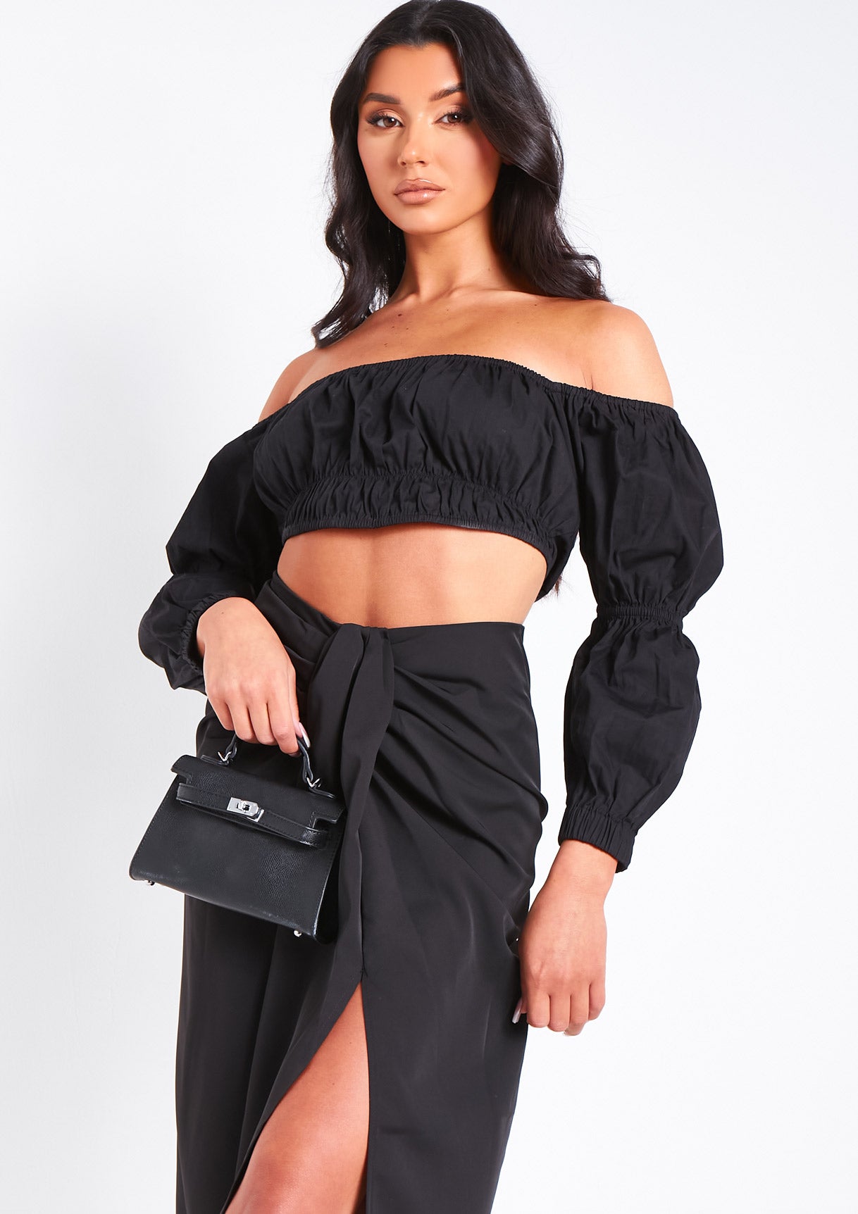 Layah Black Woven Puff Sleeve Bardot Top