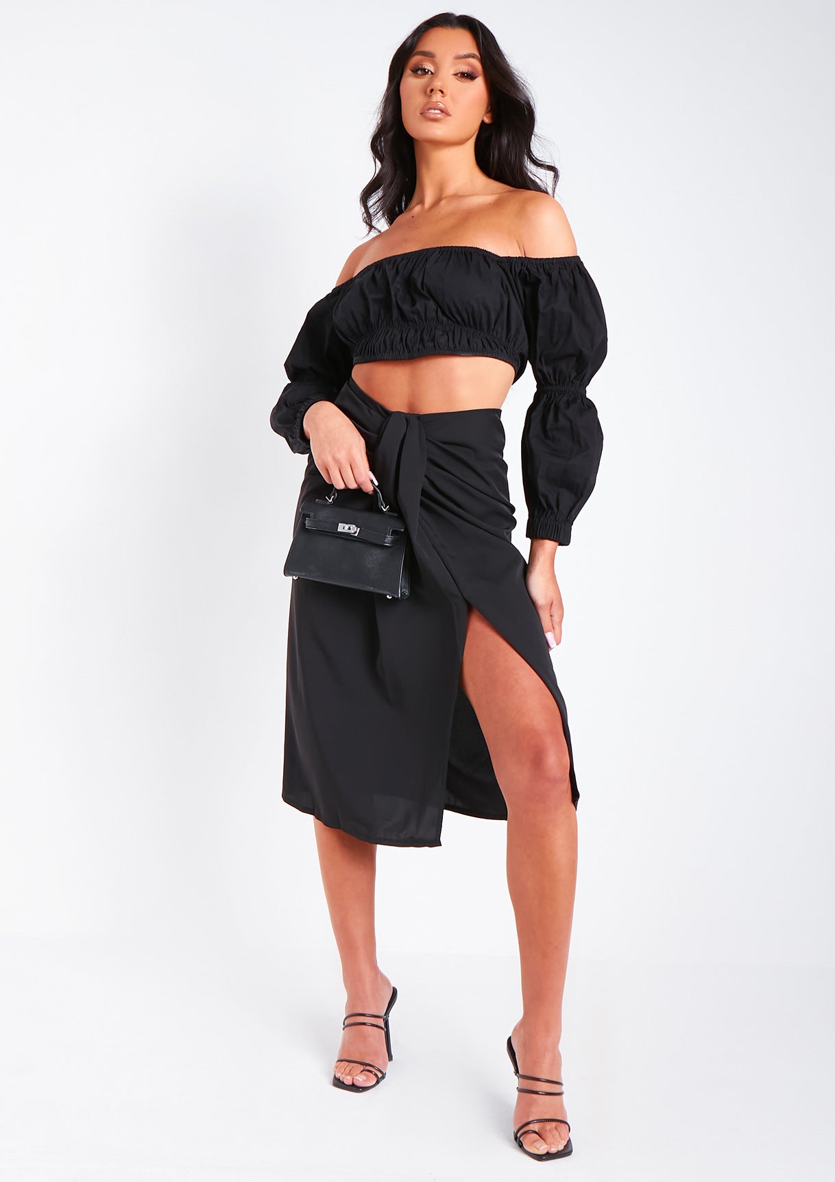 Layah Black Woven Puff Sleeve Bardot Top