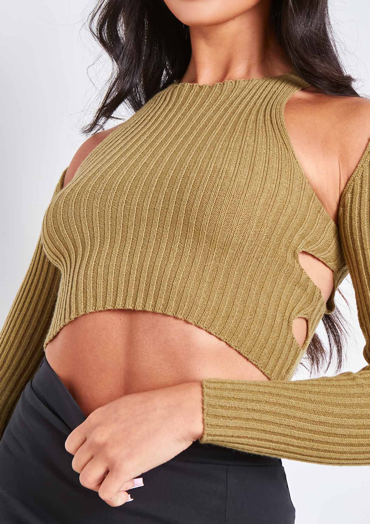 Elissa Khaki Ribbed Knit Crop Cut Out Top With Bolero