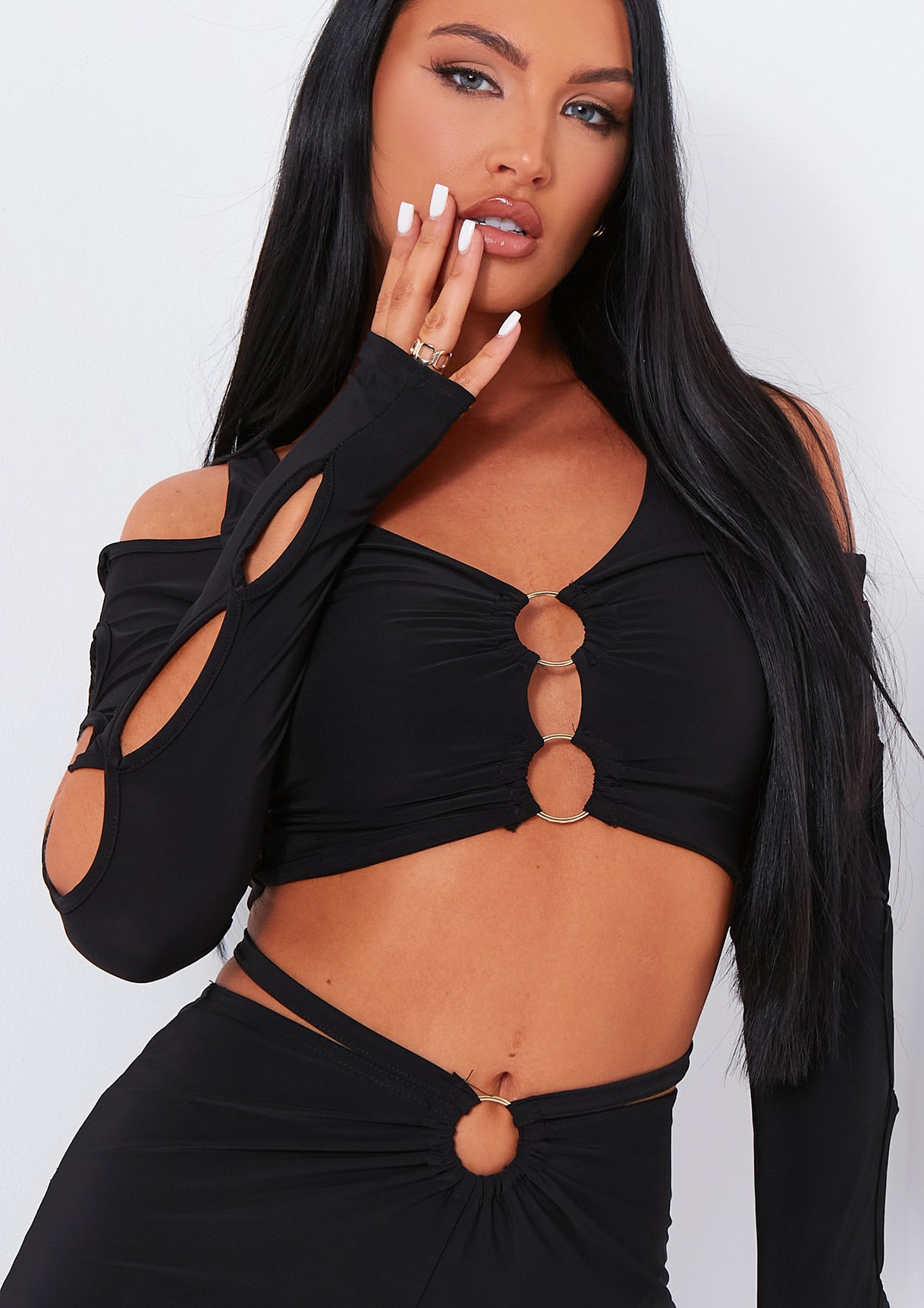 Jenna Black Ring Detail Shoulder Cut Out Crop Top