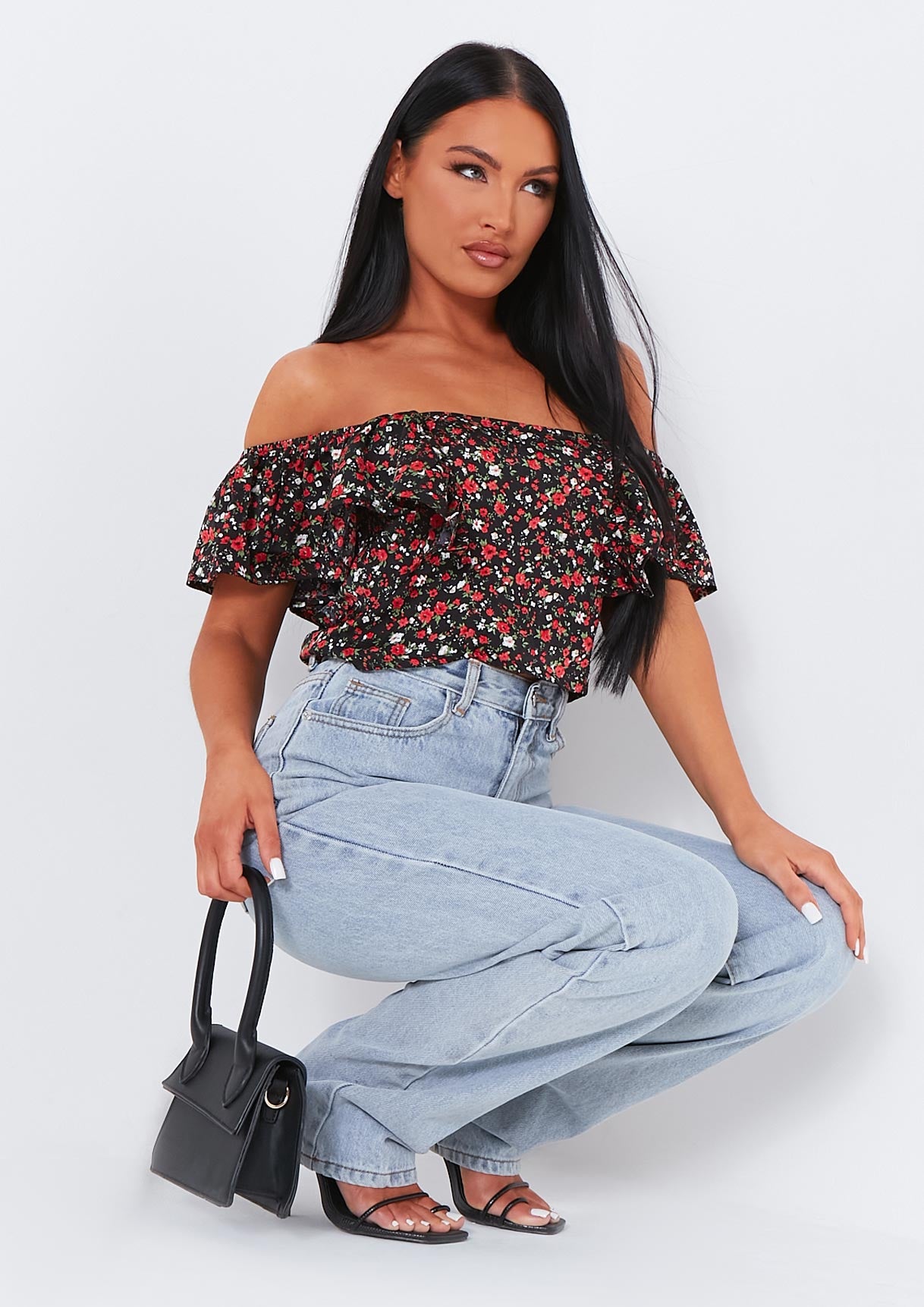 Jasleen Black Floral Printed Frill Detail Crop Top