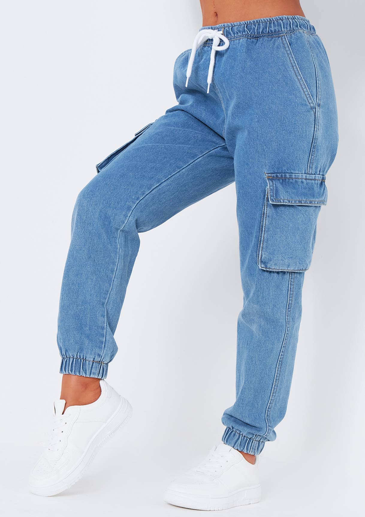 Eliza Mid Wash Denim Cargo Jeans