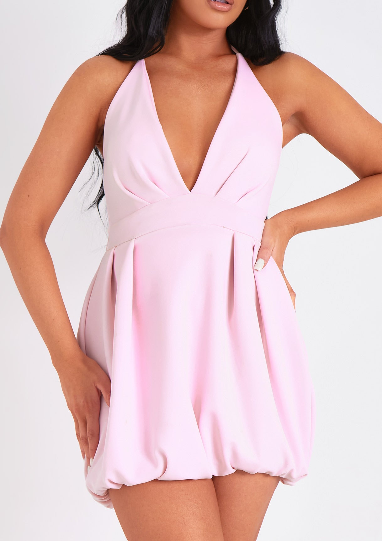 Layla Pink Scuba Puffball Halter Neck Plunge Mini Dress