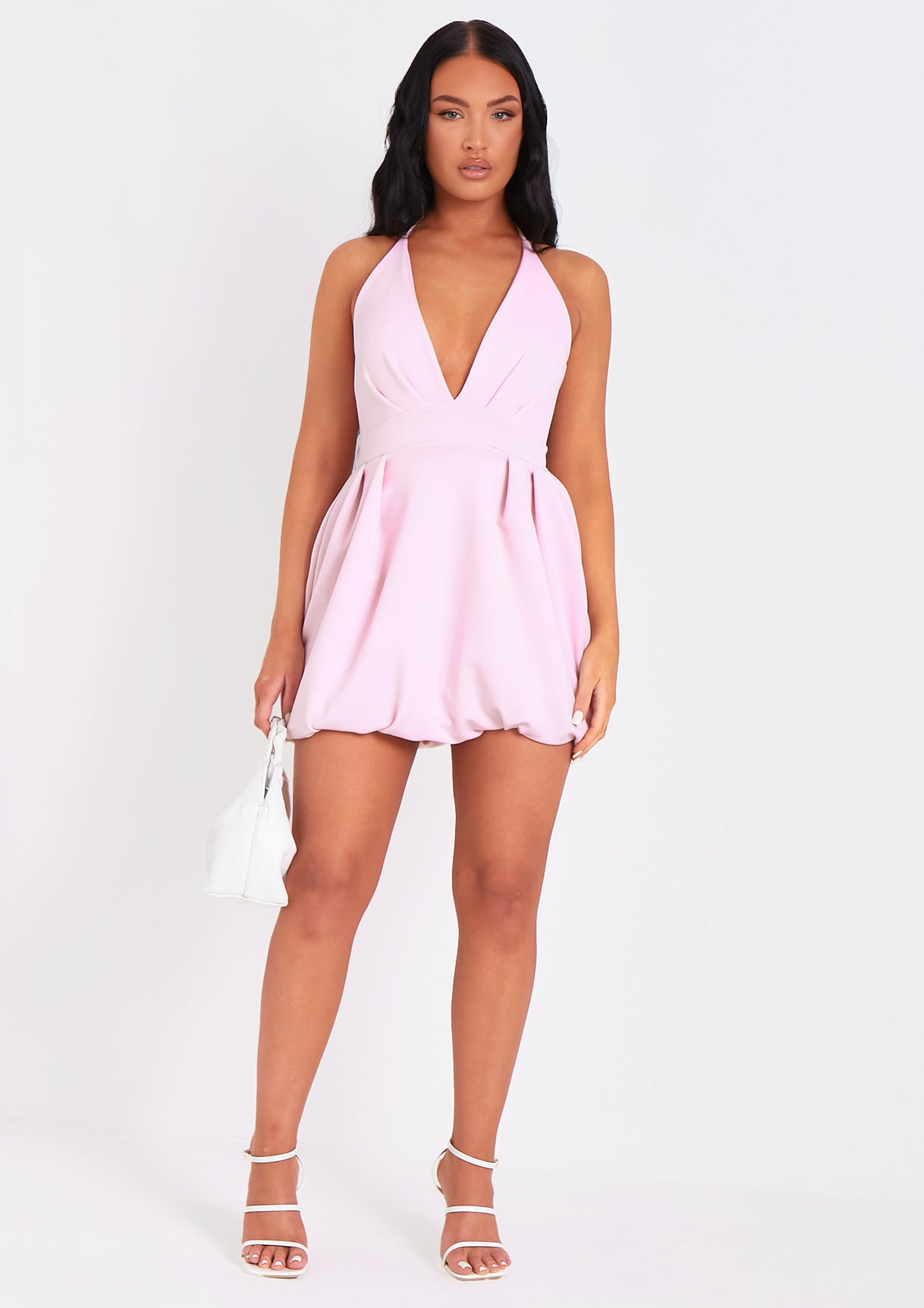 Layla Pink Scuba Puffball Halter Neck Plunge Mini Dress