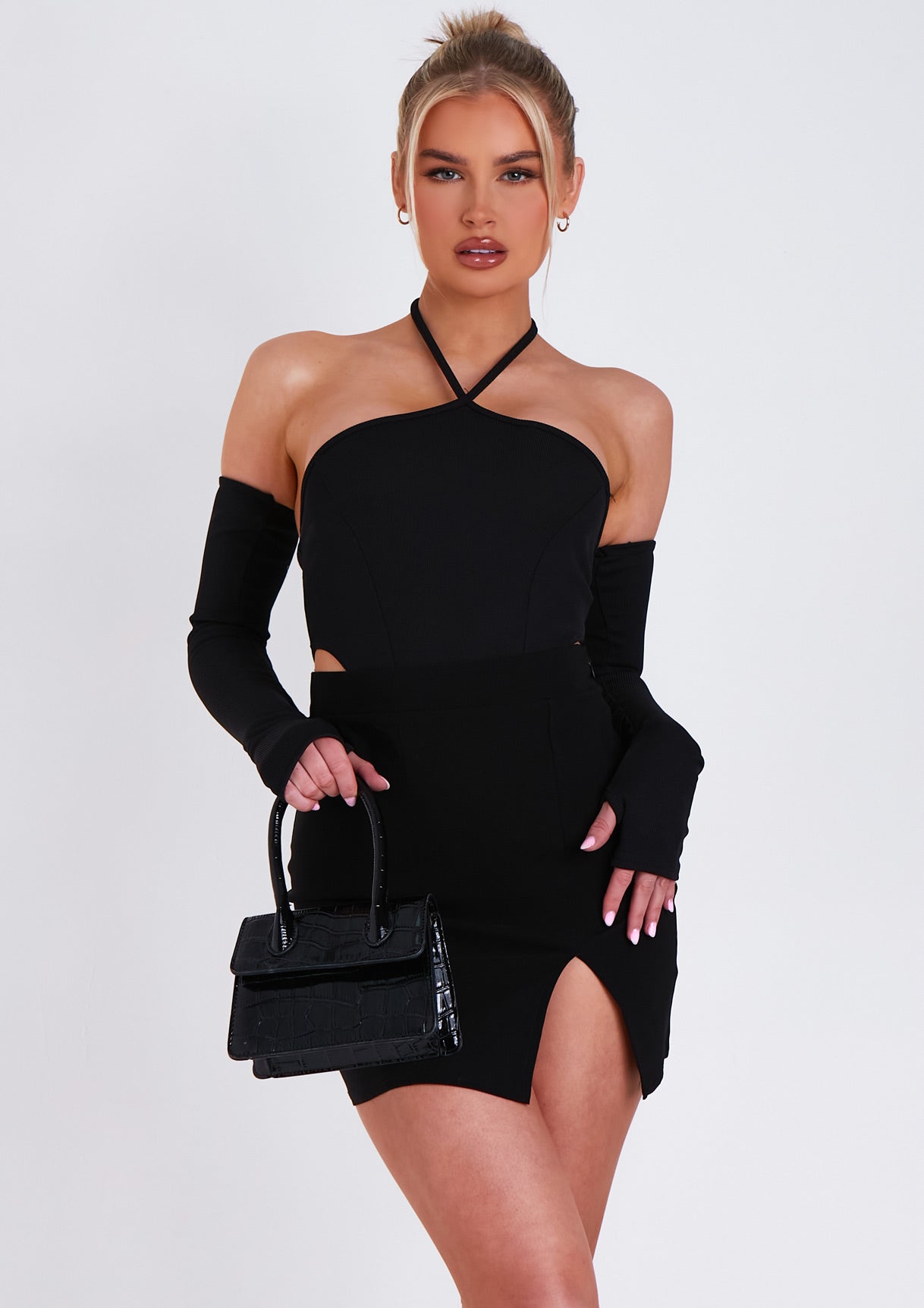 Chelsey Black High Waisted Mini Skirt With Split