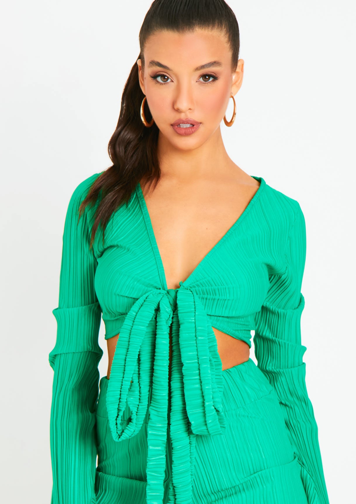 Alice Green Plisse Wrap Tie Crop Top