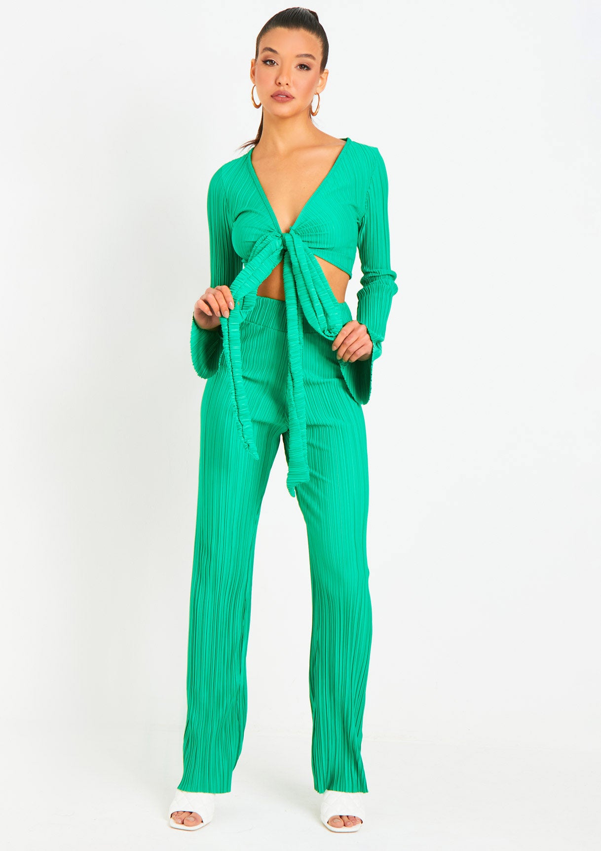 Alice Green Plisse Wrap Tie Crop Top