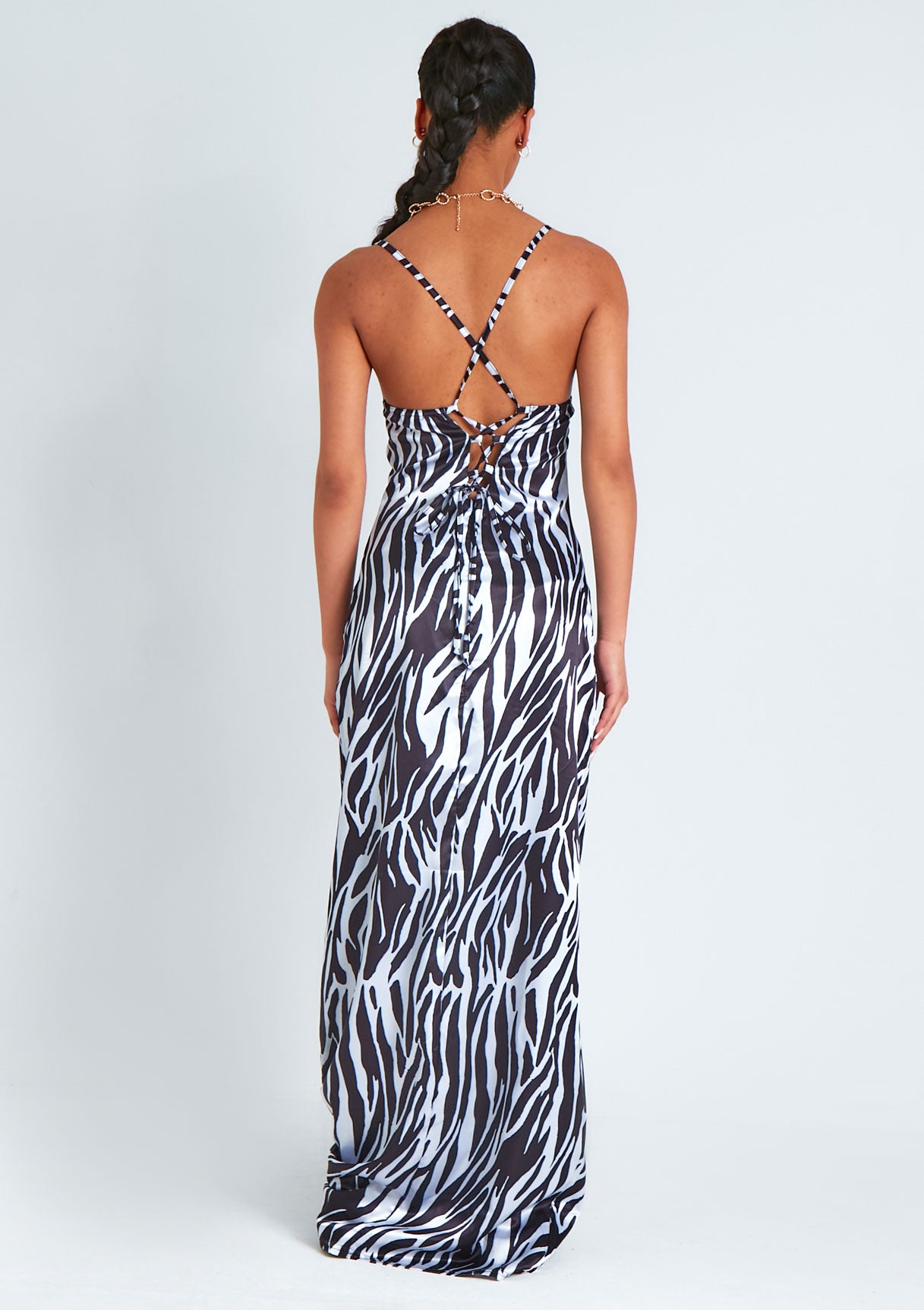 Hannah Zebra Print Satin Lace Up Back Maxi Dress