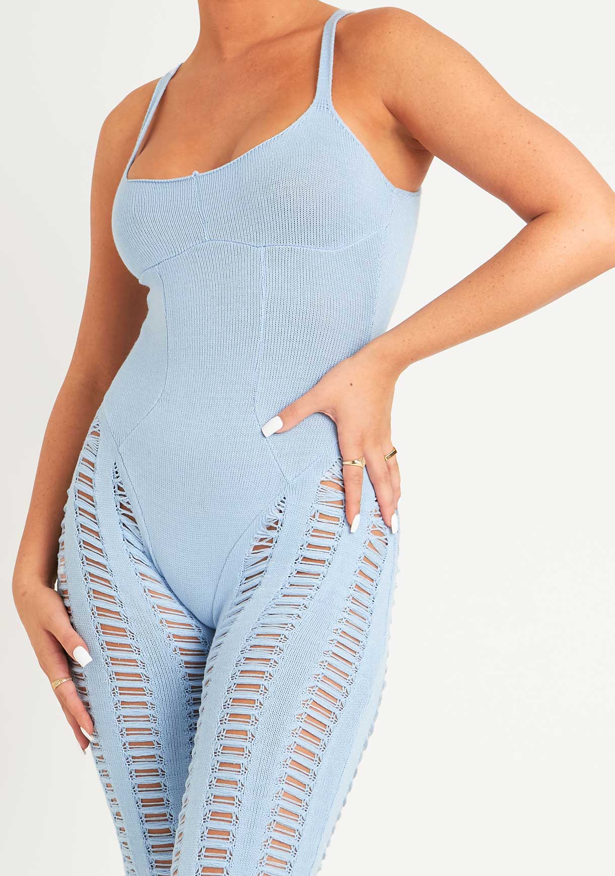 Eva Pastel Blue Laddered Knitted Seam Jumpsuit