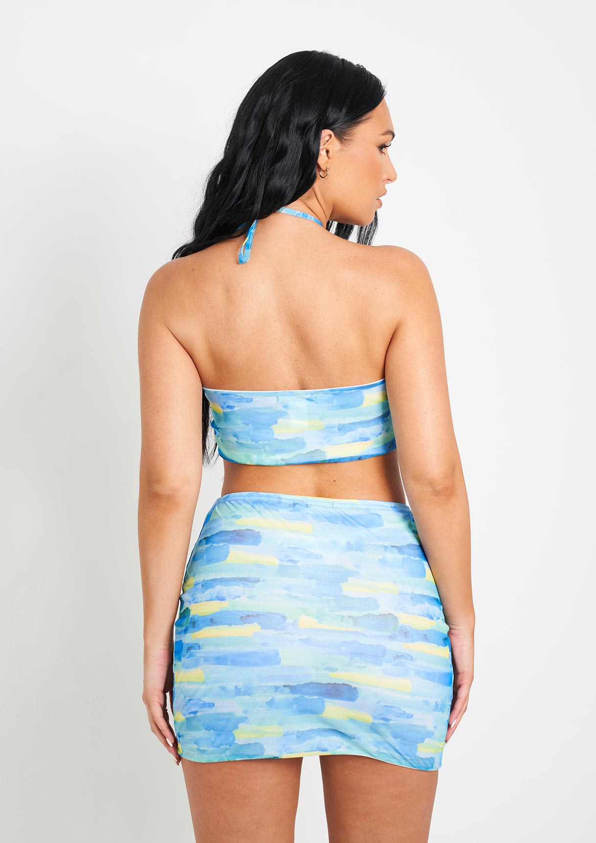 Maia Blue Print Mesh With Under Layer Knot Front Skirt