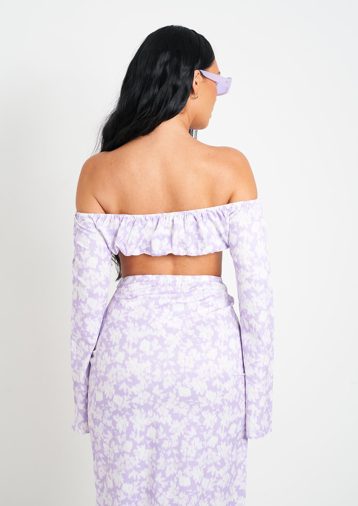 Meriah Lilac Floral Print Bardot Long Sleeve Crop Top