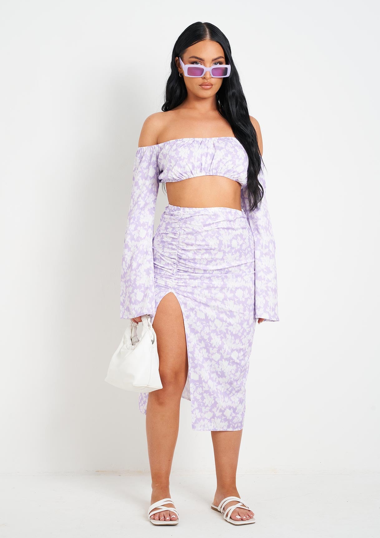 Meriah Lilac Floral Print Bardot Long Sleeve Crop Top