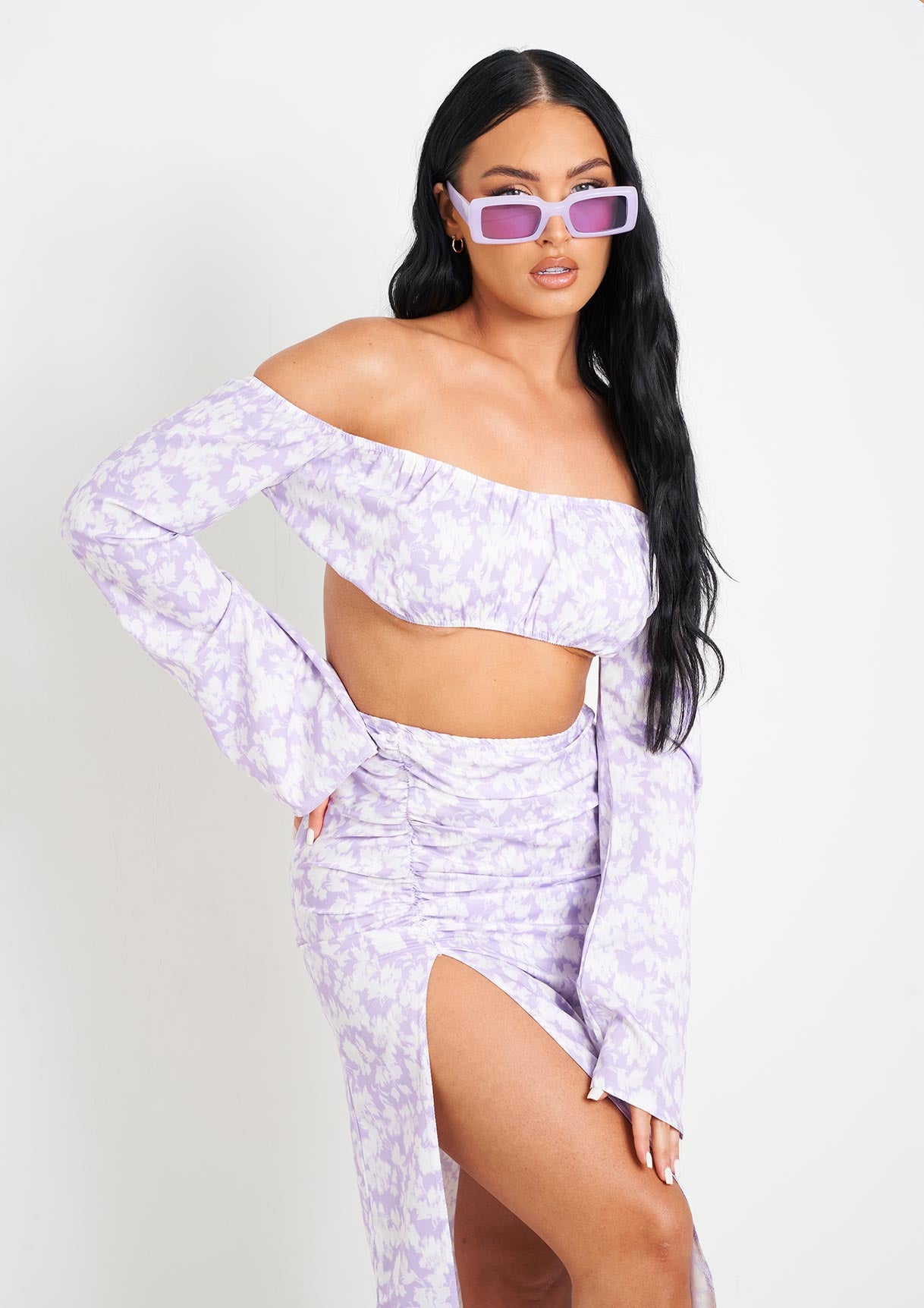 Meriah Lilac Floral Print Bardot Long Sleeve Crop Top