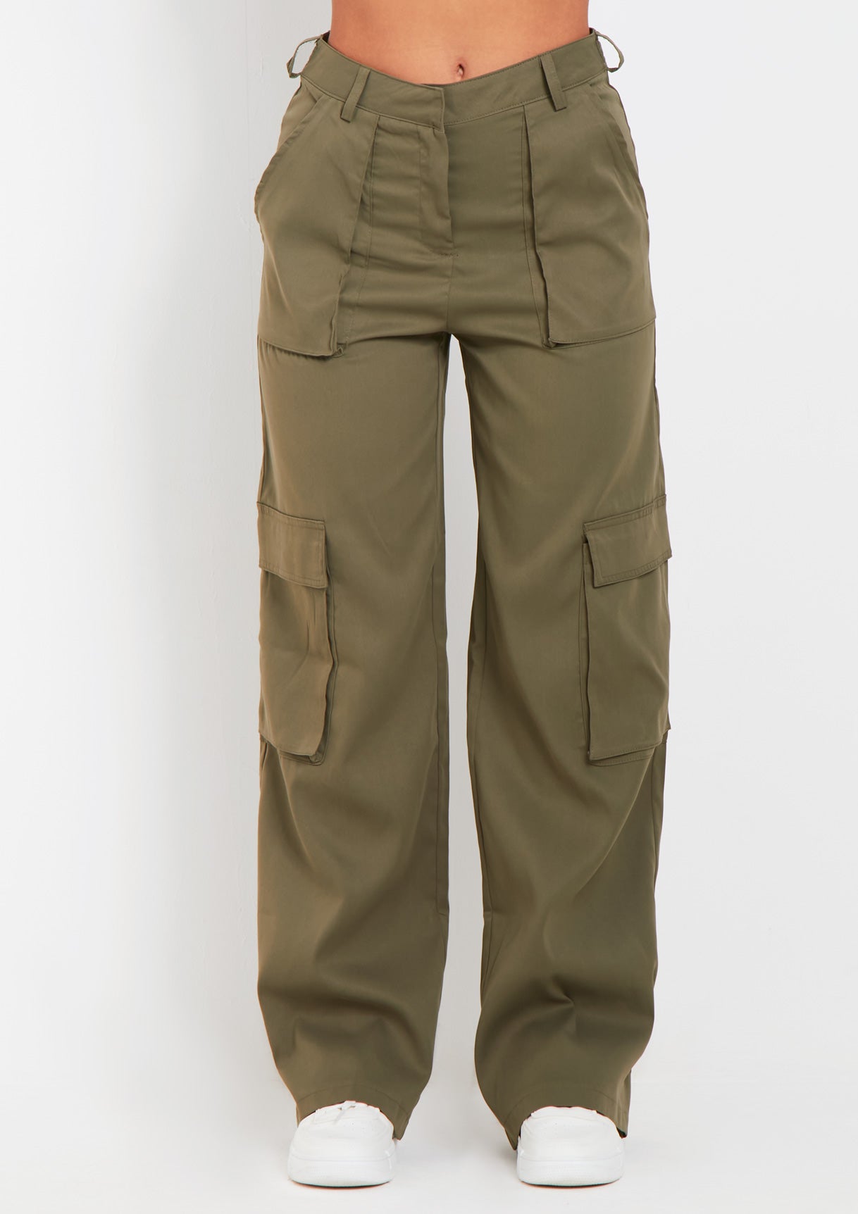 Ainsley Khaki Pocket Detail Mid Rise Cargo Pants