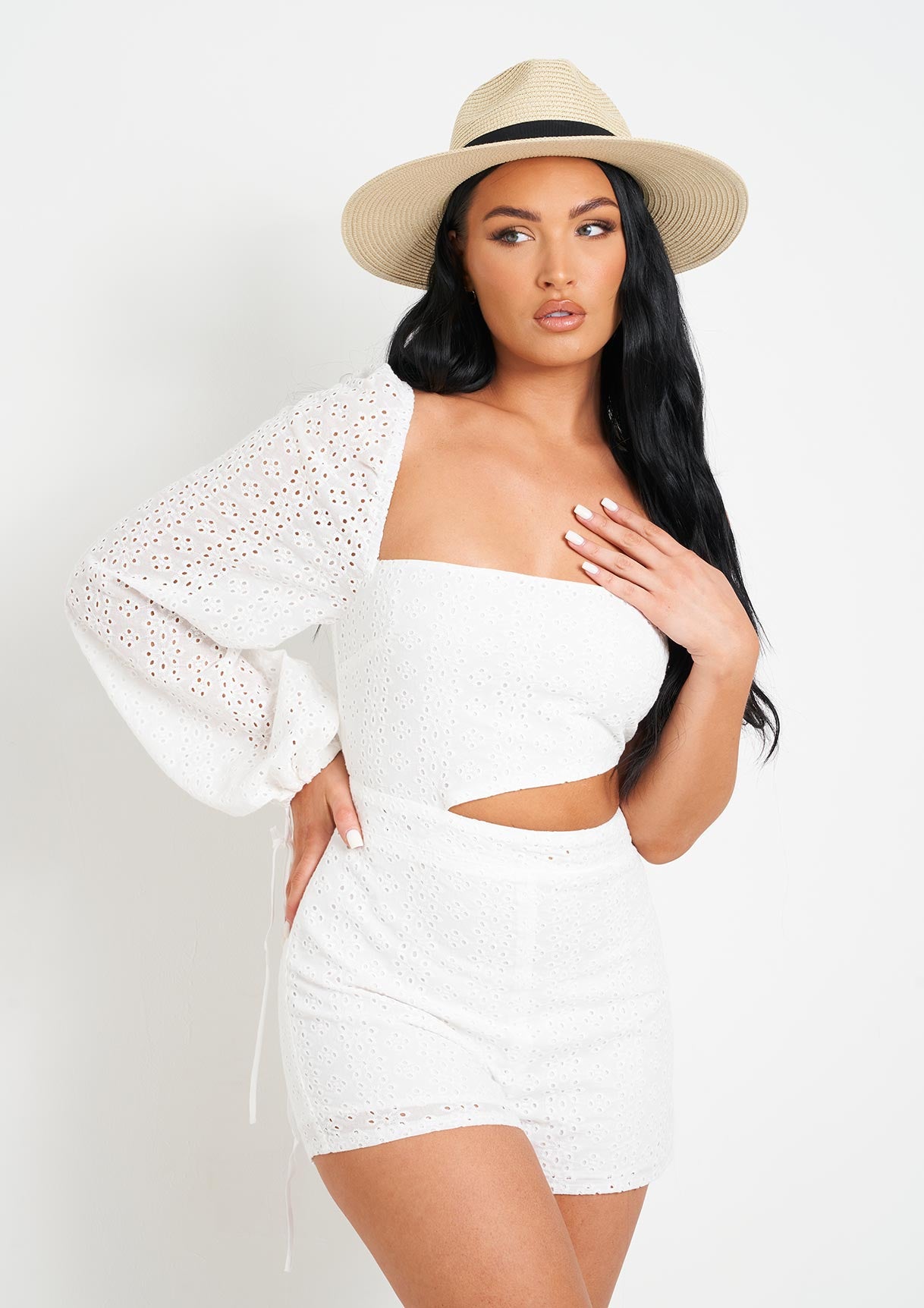 August White Broidery One Sleeve Playsuit