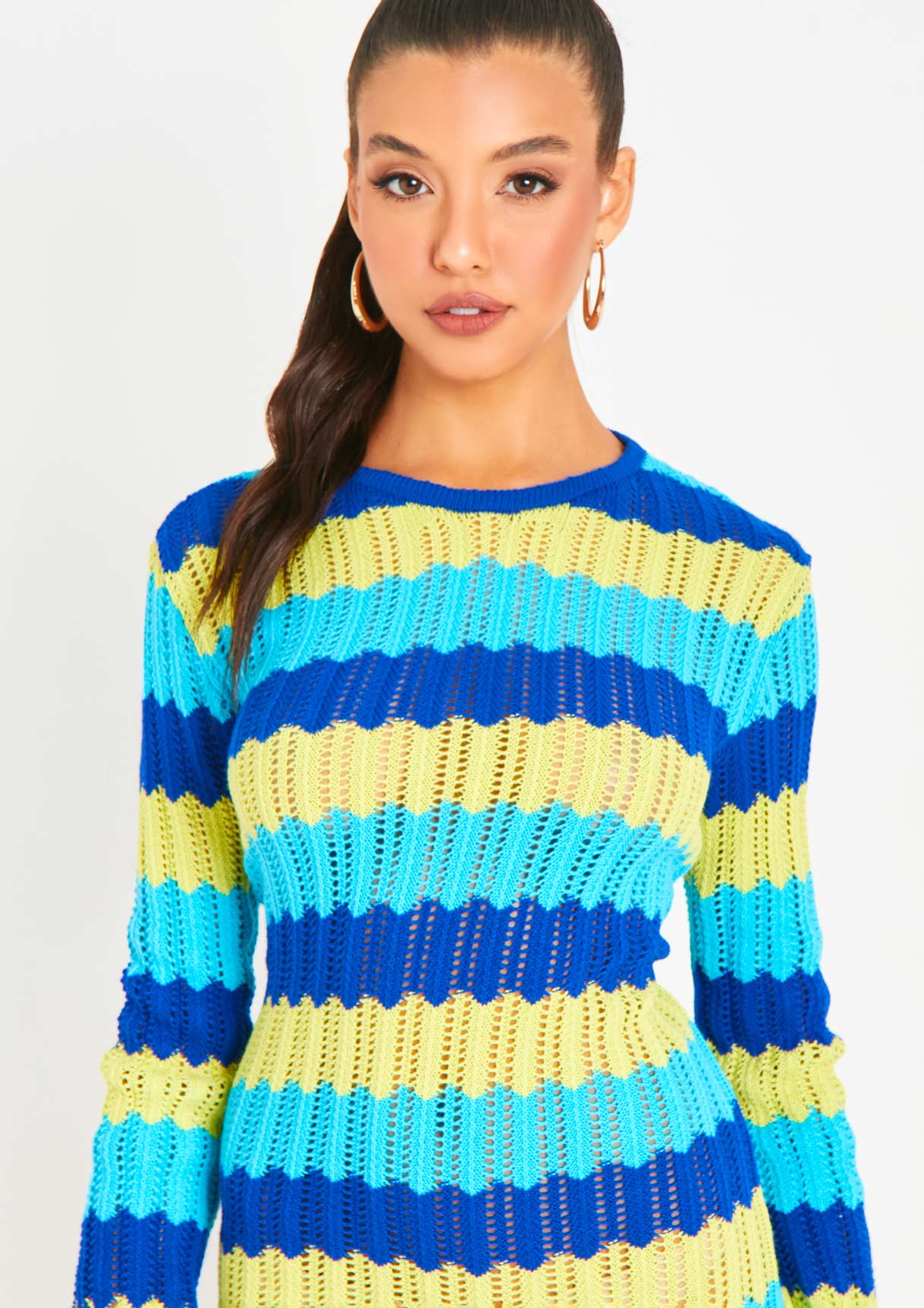 Harleigh Blue Multi Crochet Knit Backless Mini Dress