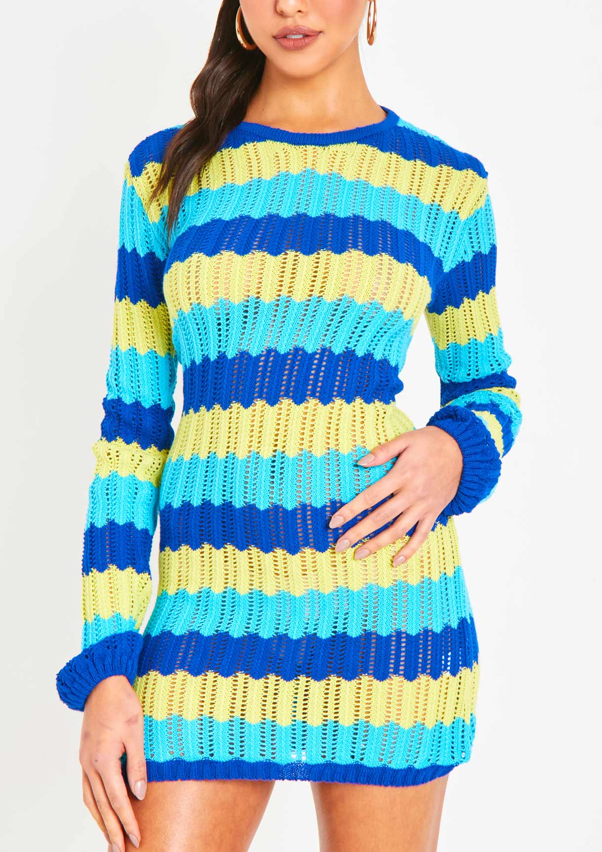 Harleigh Blue Multi Crochet Knit Backless Mini Dress