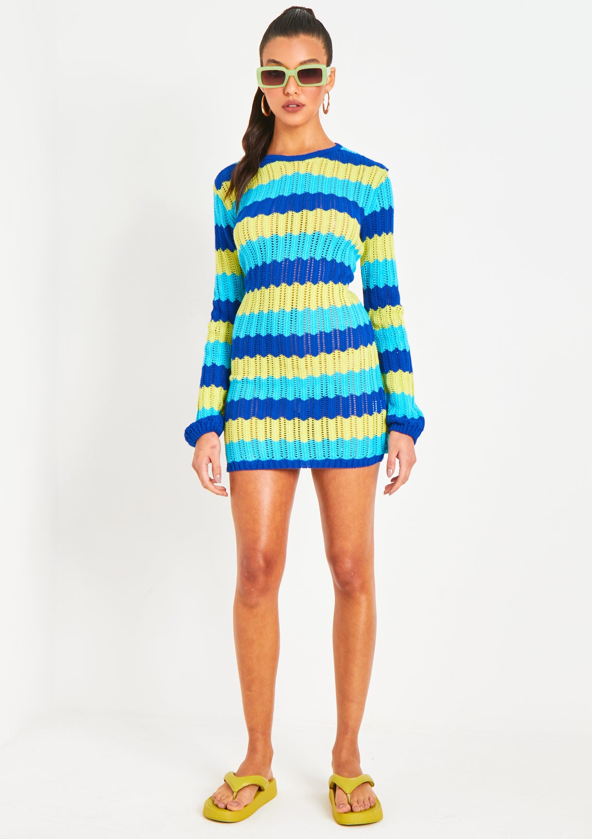 Harleigh Blue Multi Crochet Knit Backless Mini Dress