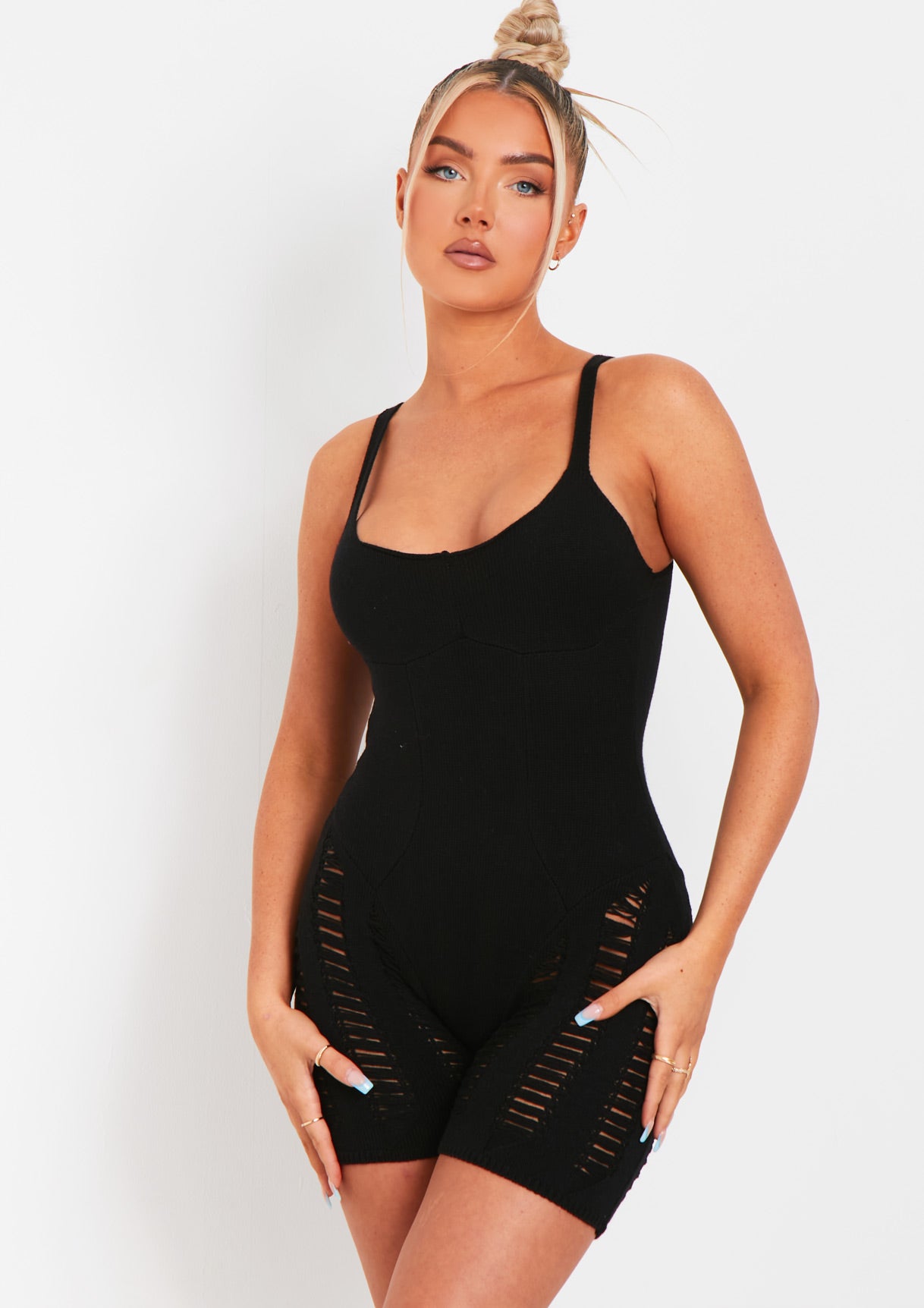 Adalynn Black Laddered Knitted Unitard