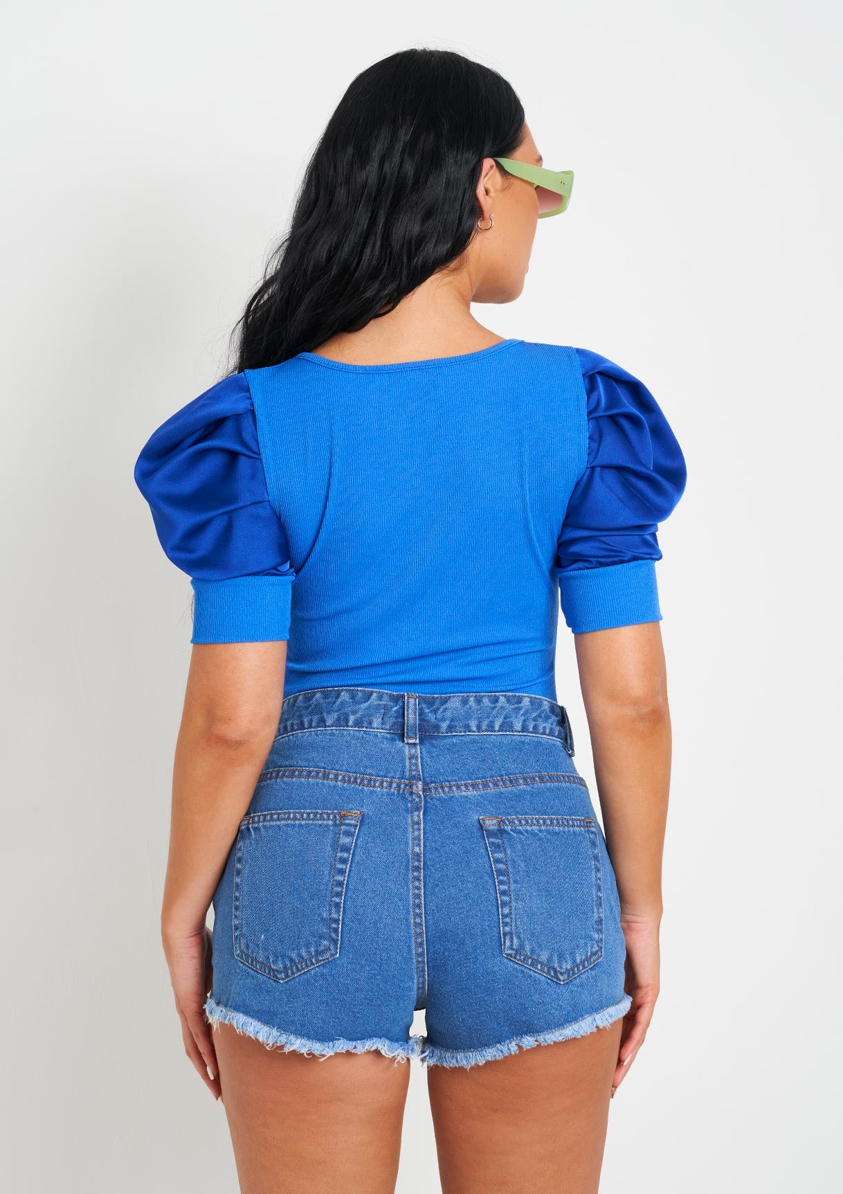 Jade Blue Puff Sleeve Square Neck Bodysuit