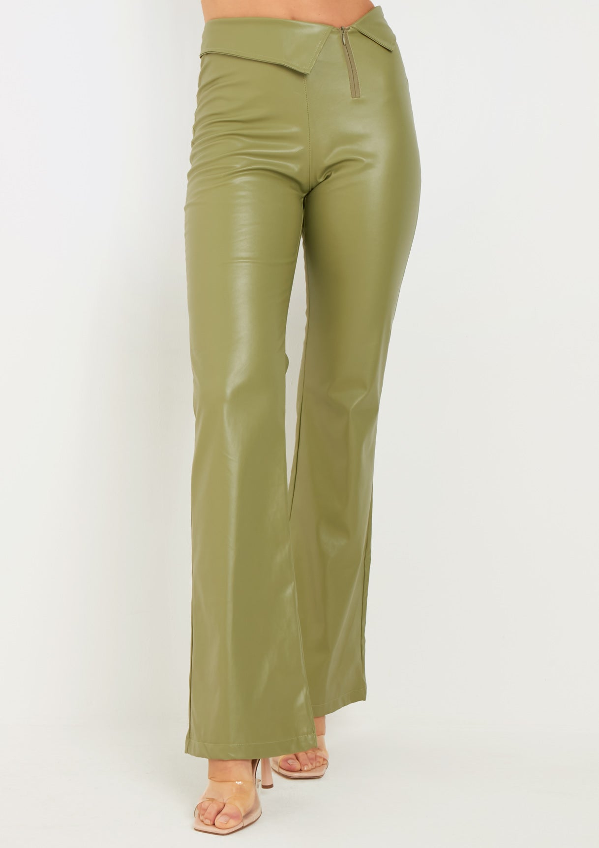 Marlowe Green Fold Over Faux Leather Flare Trouser