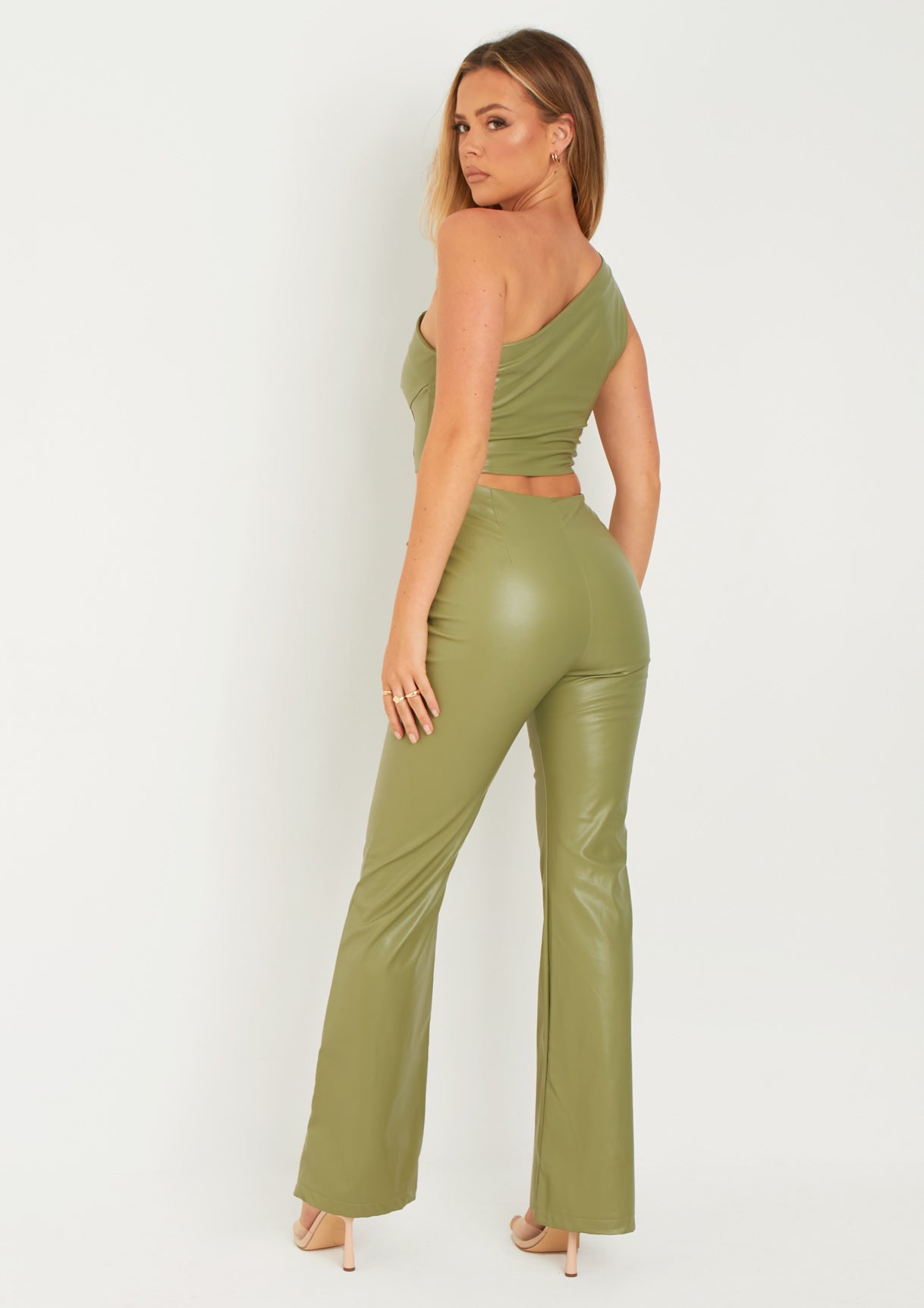 Marlowe Green Fold Over Faux Leather Flare Trouser