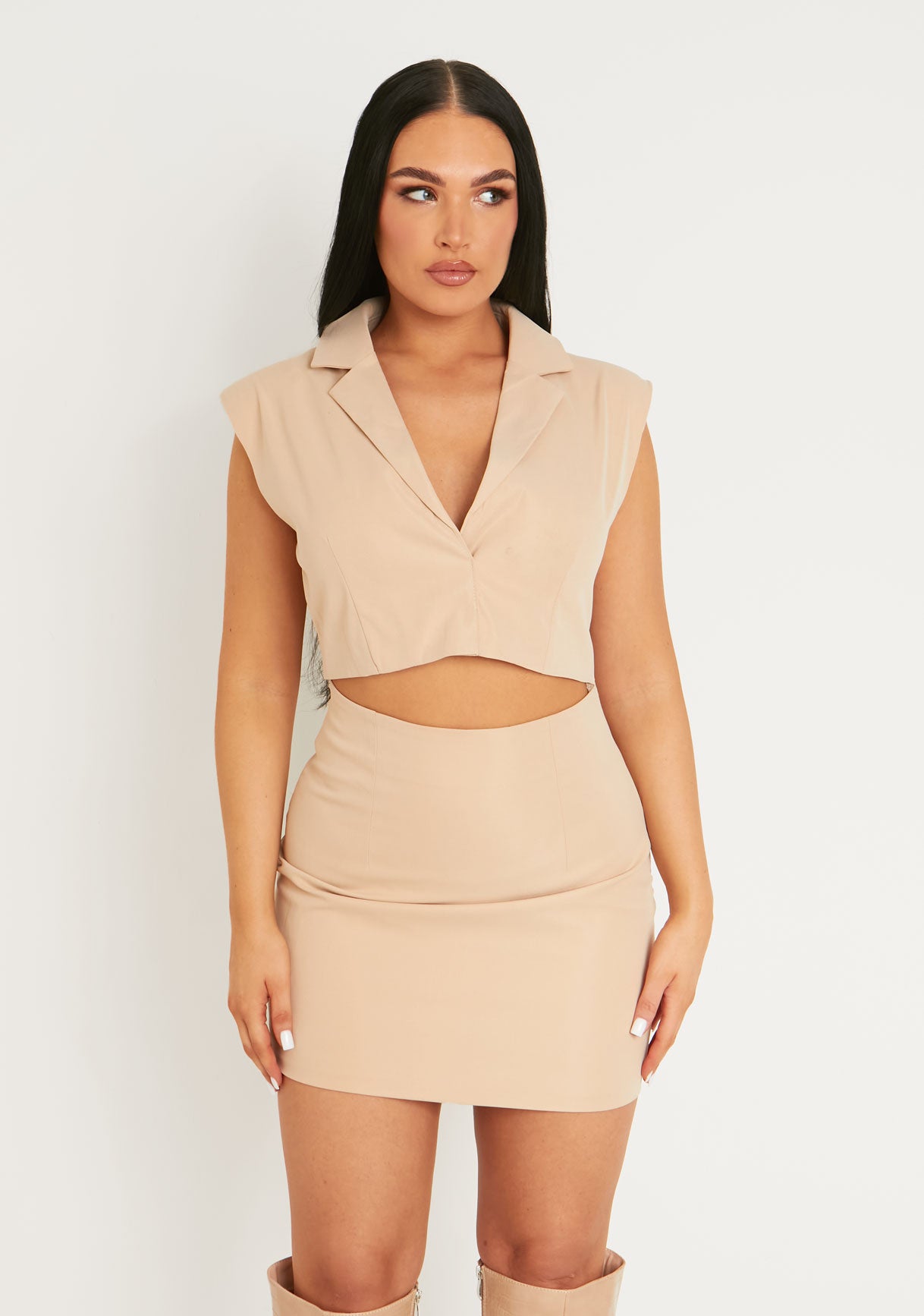 Georgina Beige Cut Out Sleeveless Blazer Dress