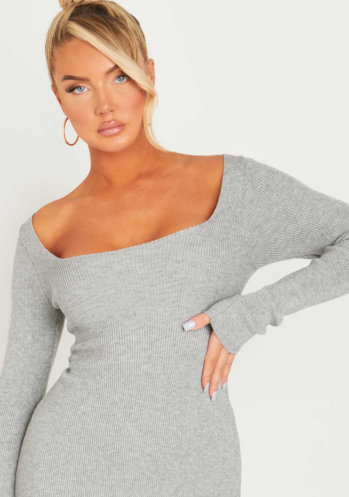 Kim Light Grey Knit Square Neck Long Sleeve Midi Dress