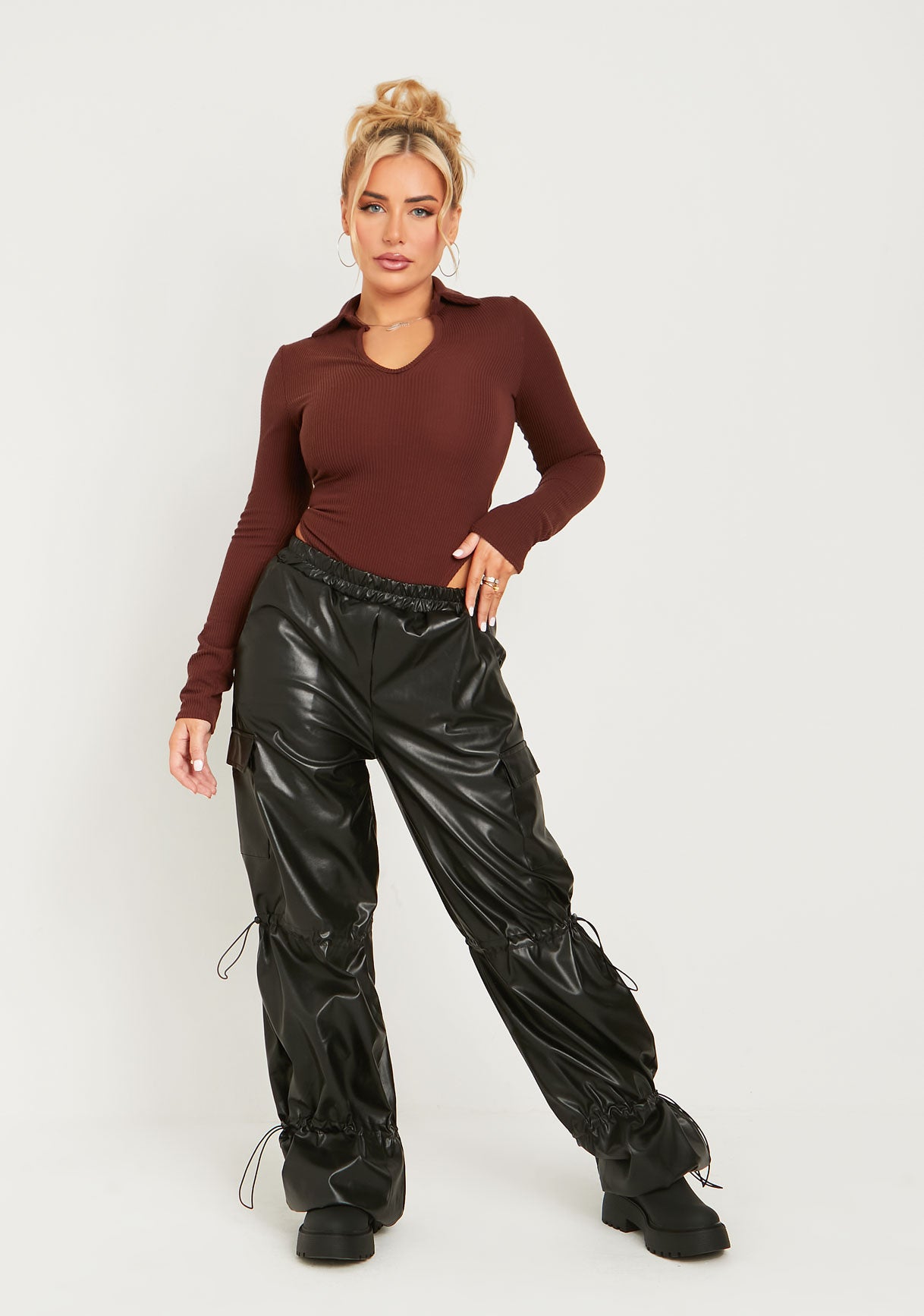 Kori Black PU Toggle Cargo Trousers