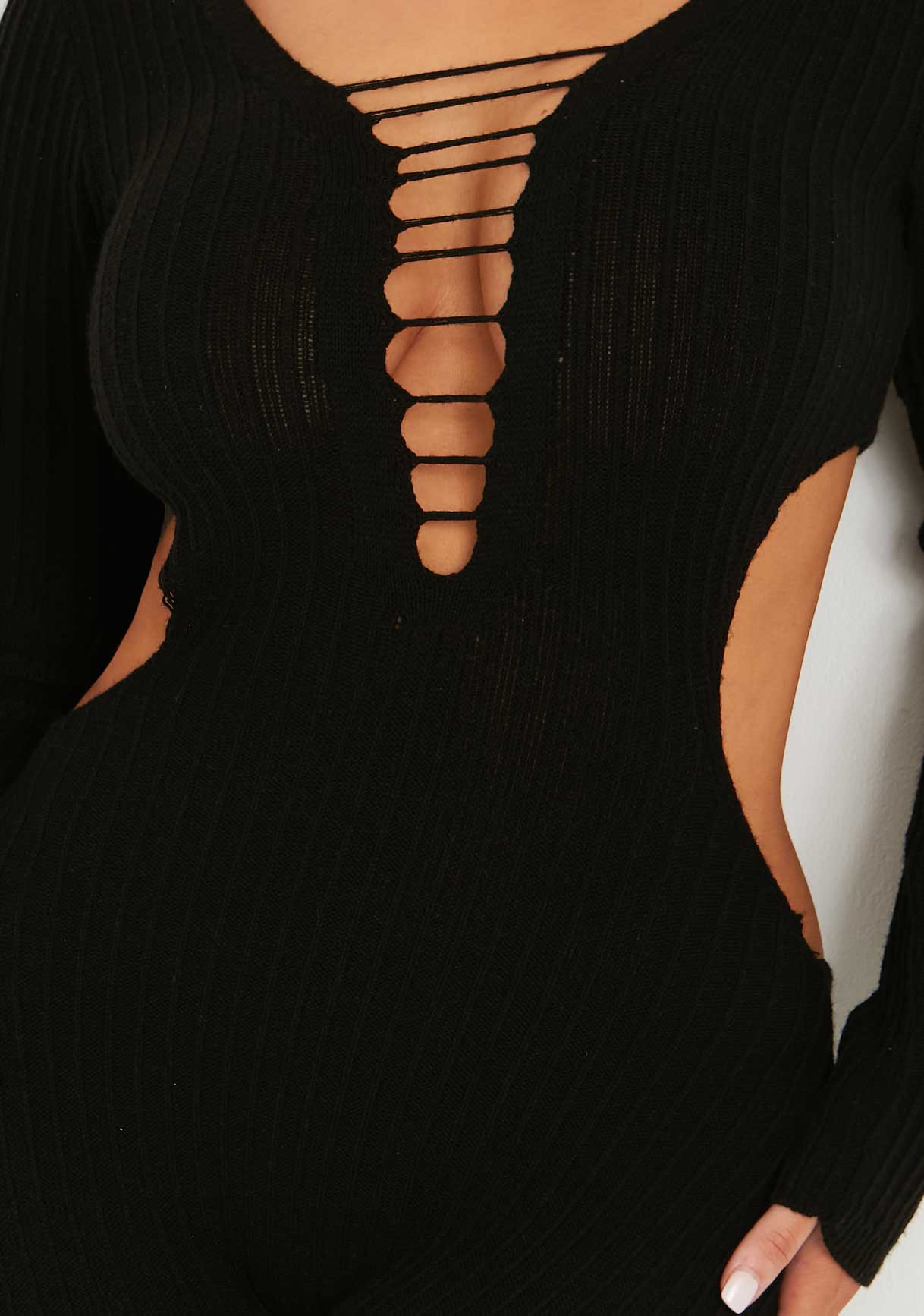 Katya Black Knitted Long Sleeve Cut Out Side Jumpsuit