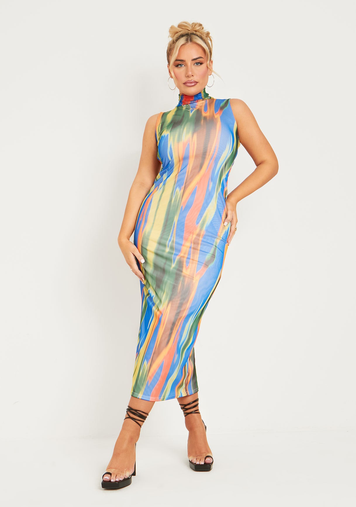 Fay Multi Print Mesh Overlay Midi Dress